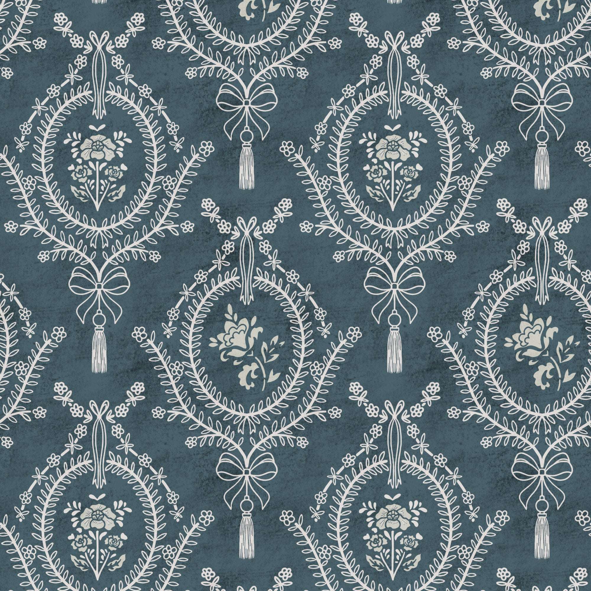 Teal floral wallpaper with repeating round medallions, bows, and dangling tassels.