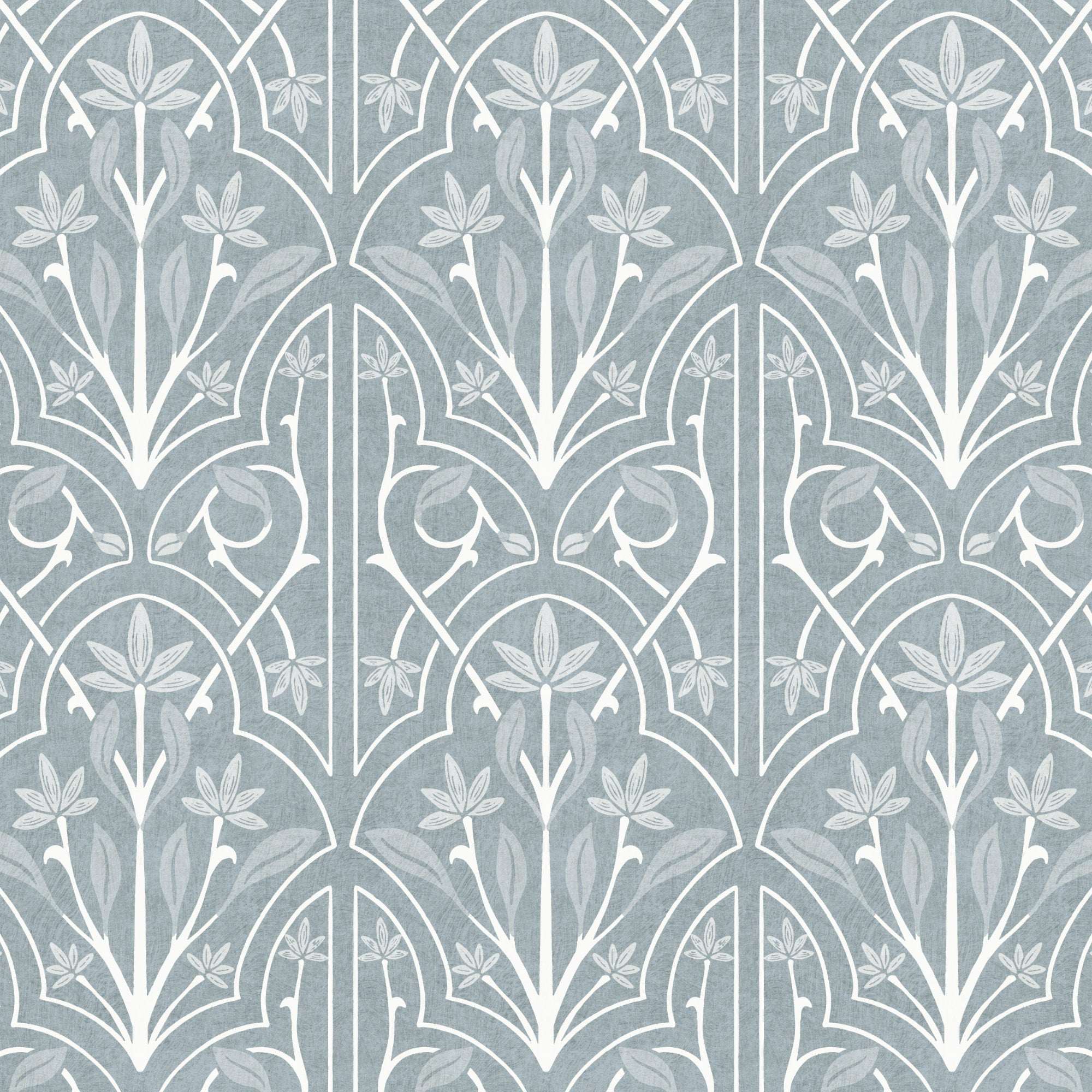 Blue floral trellis wallpaper pattern with repeating leaf fans and curved vine lines