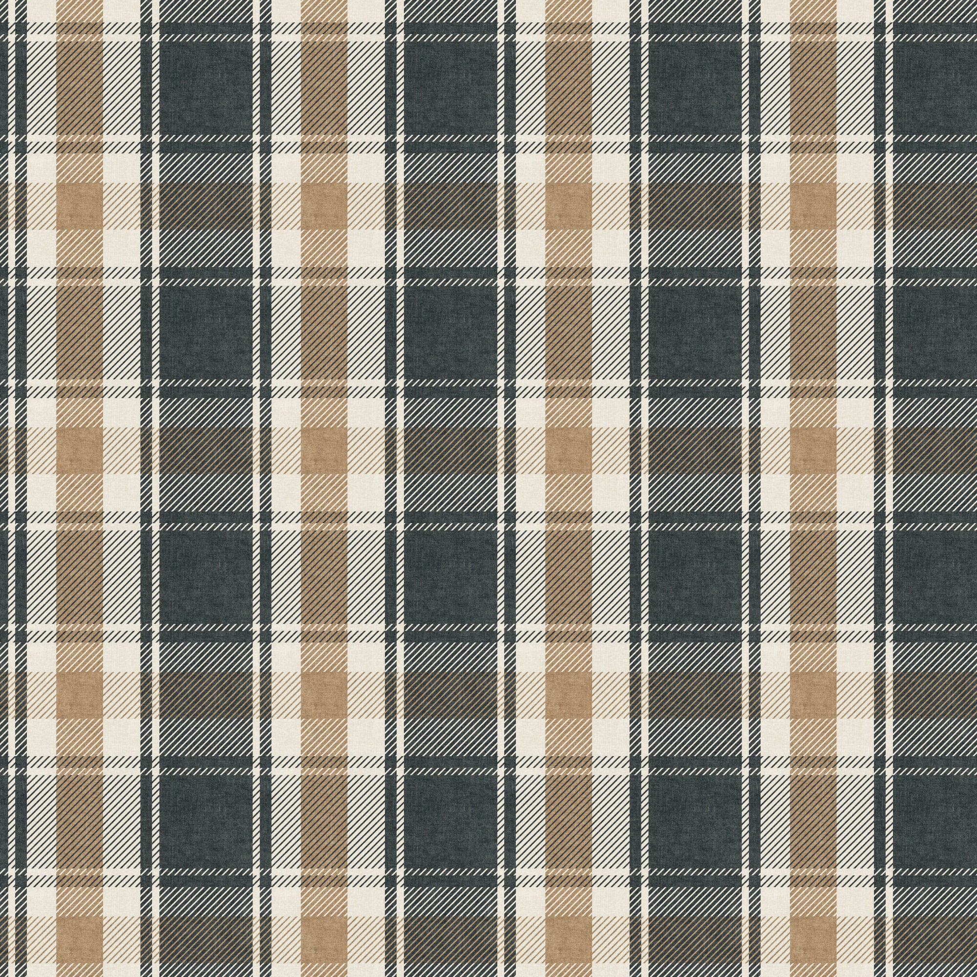 Close-up tartan plaid wallpaper pattern in cream, tan, and dark navy with thin lines