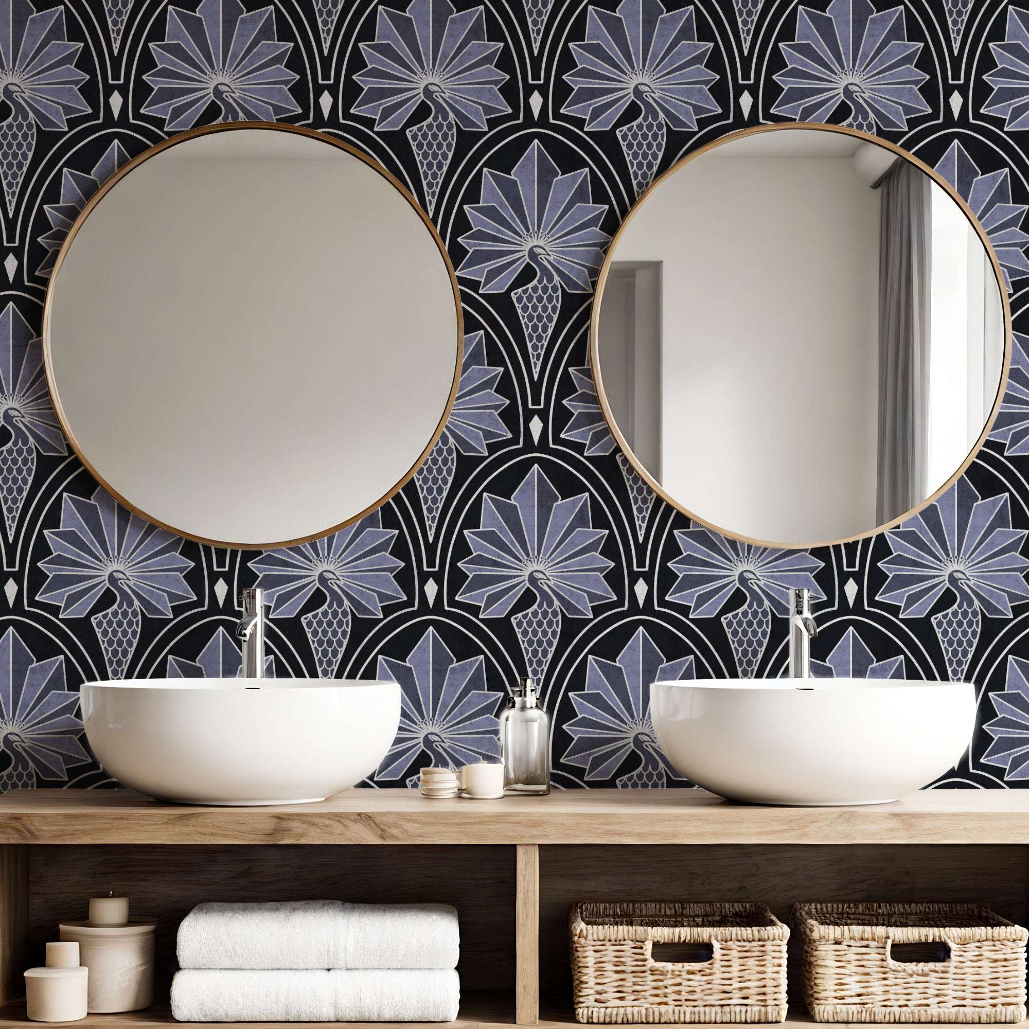Art Deco wallpaper with peacock feather and fan motifs on dark background with light blue accents.