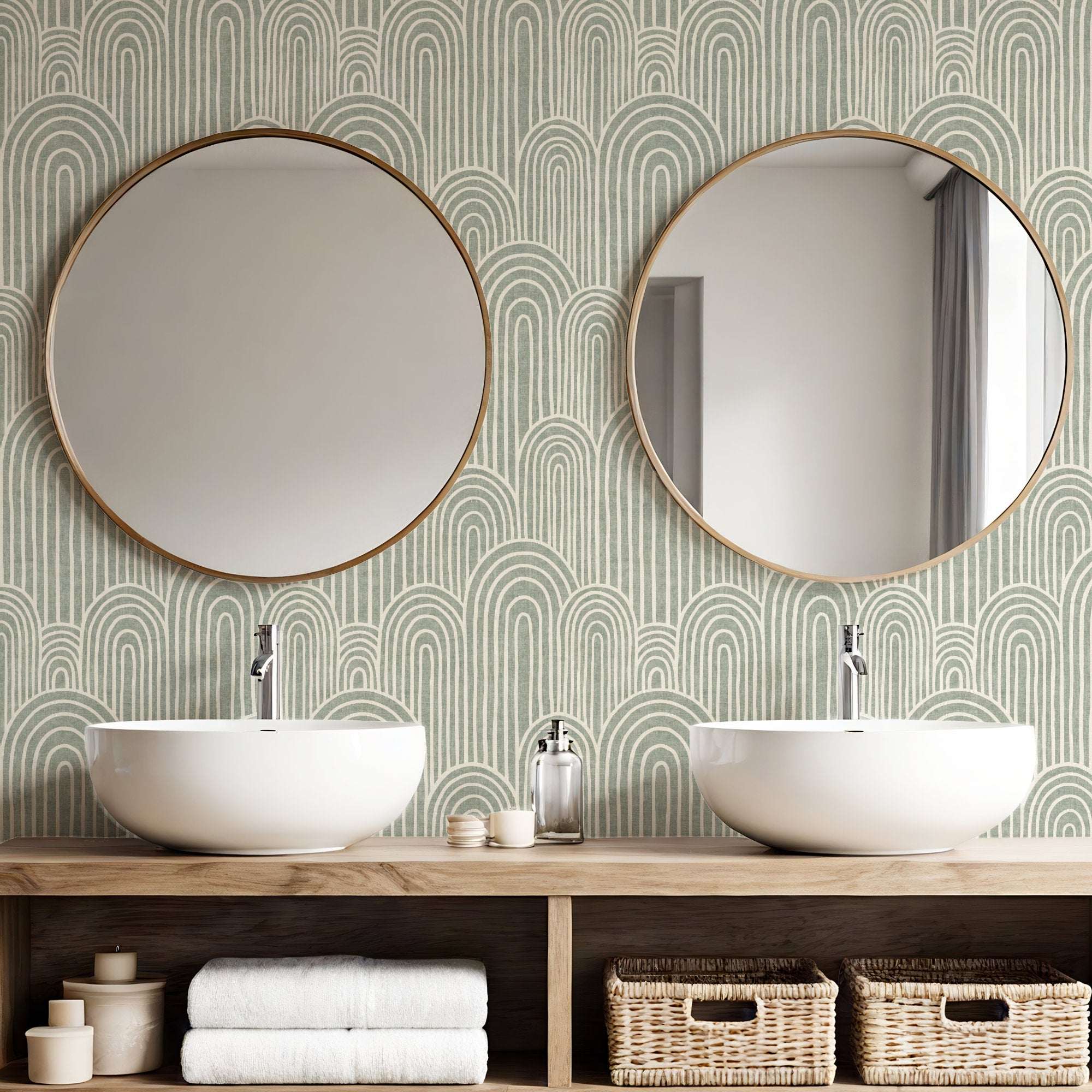 Arches wallpaper covering a bathroom wall with repeating pale arch outlines on vertical stripes.