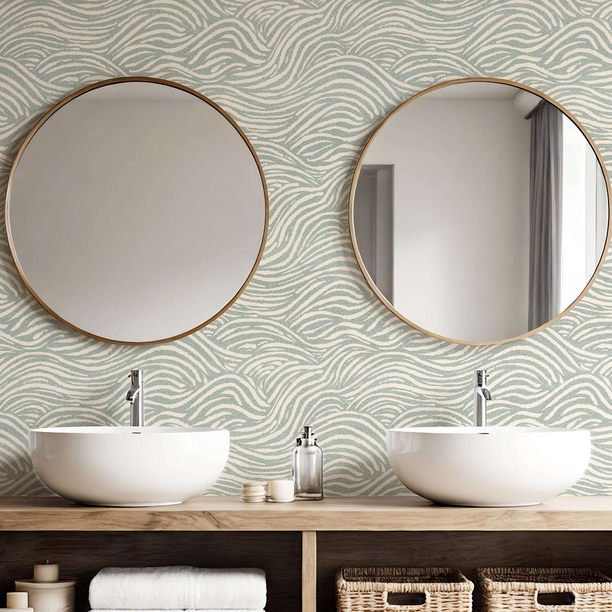 Wave-pattern wallpaper with gray-blue wavy lines on a pale beige background