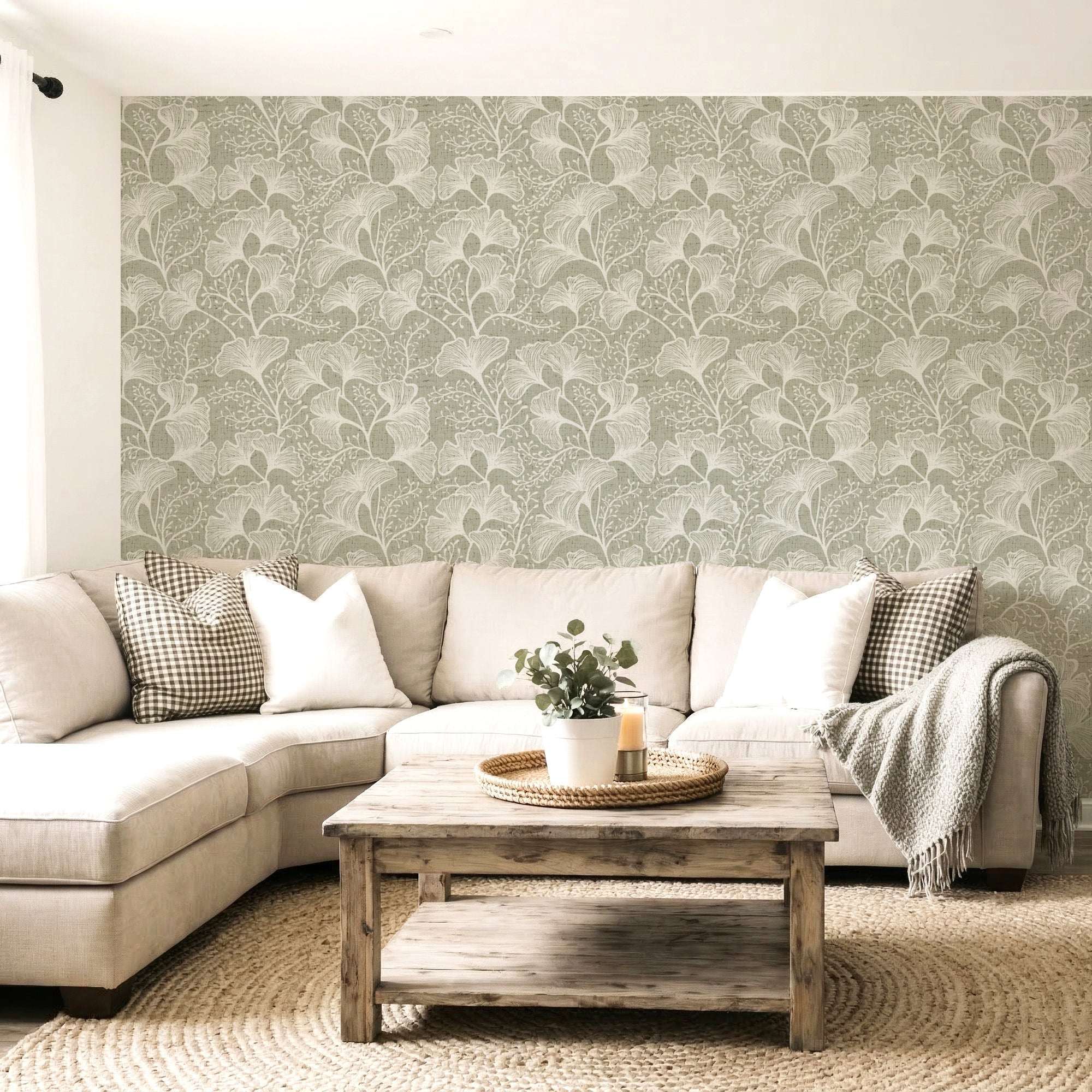 Sage-grey ginkgo leaf wallpaper with white botanical leaf repeat pattern.