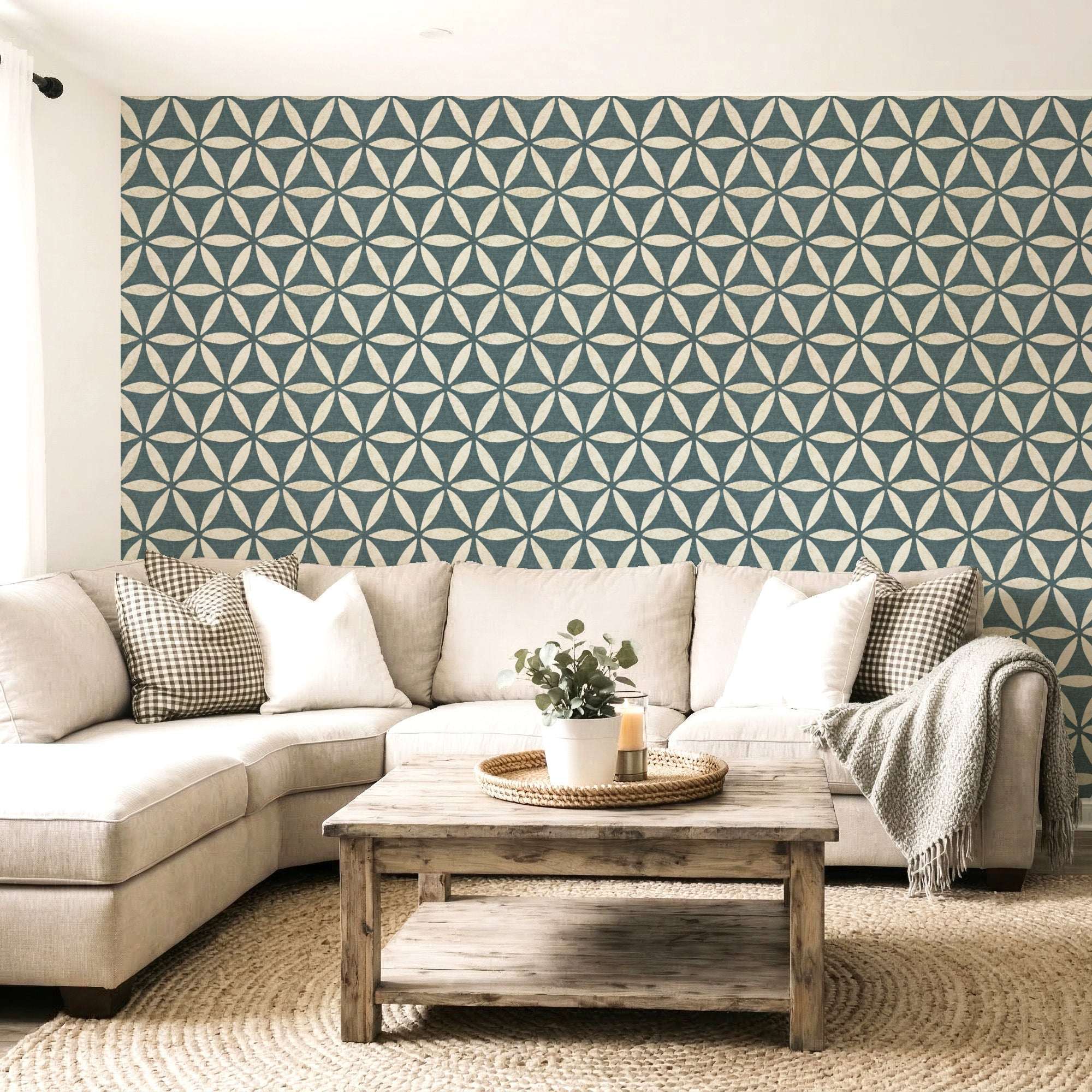 Geometric circle wallpaper on wall, teal and cream linen-like texture repeating ring motif