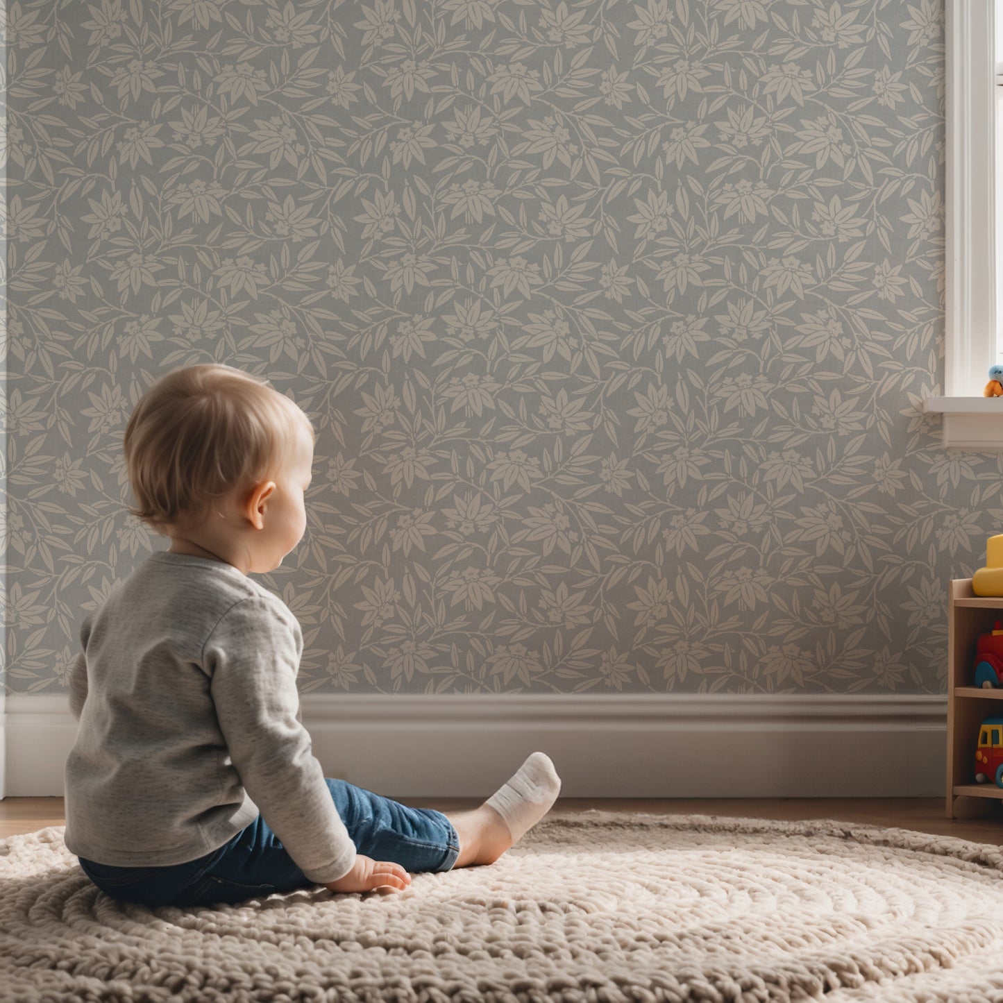 Children’s nursery with natural wood furniture and taupe Japandi botanical wallpaper