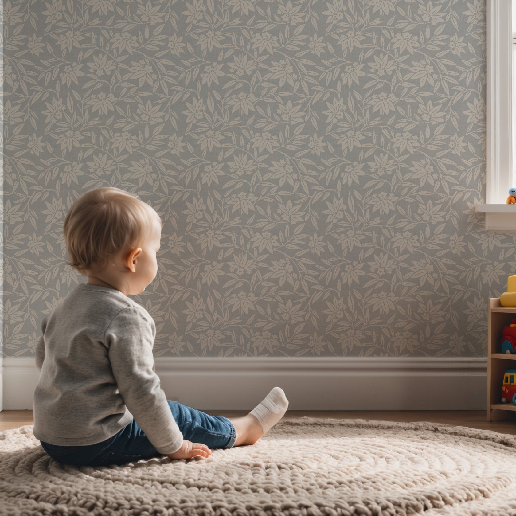 Children’s nursery with natural wood furniture and taupe Japandi botanical wallpaper