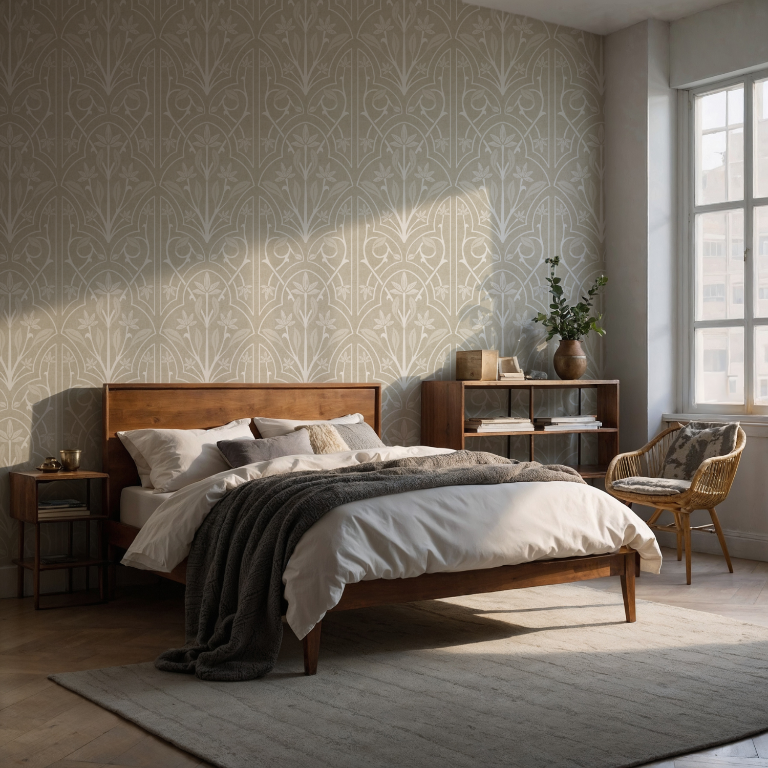 Beige Art Nouveau Trellis Floral Wallpaper – soft heritage look for an elegant bedroom feature wall