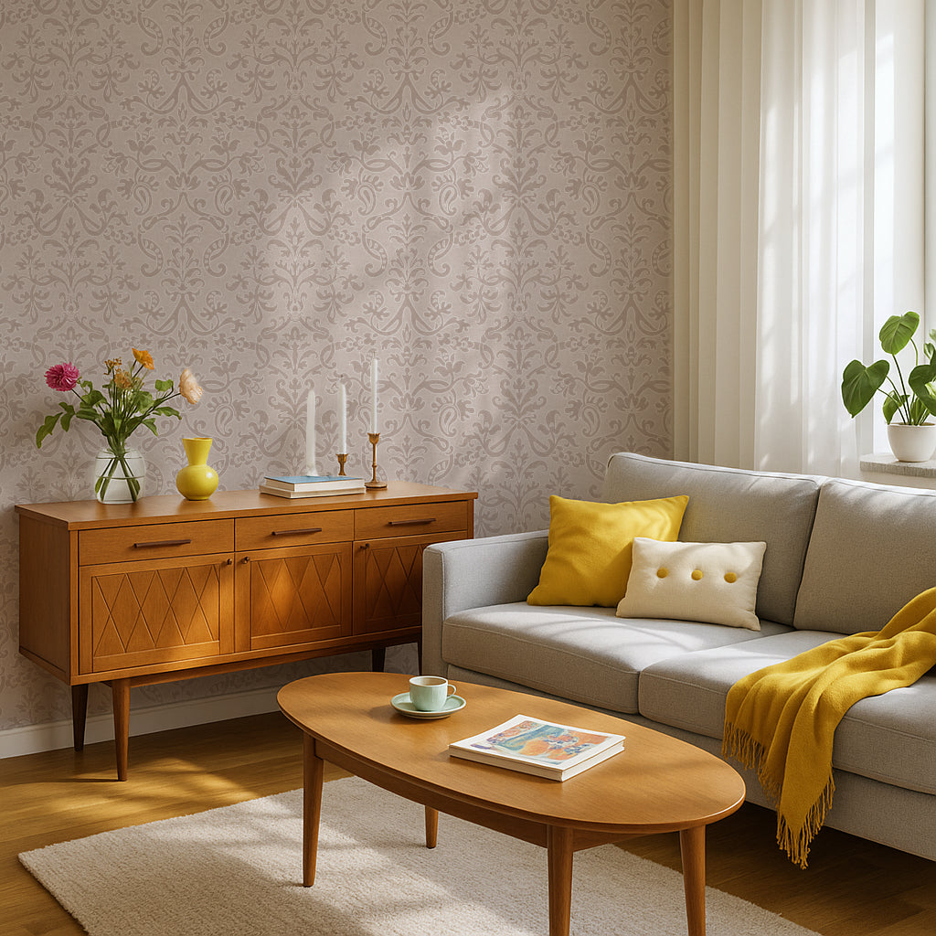 Neutral Victorian damask floral wallpaper behind a wooden sideboard and mustard armchair in a living room setting