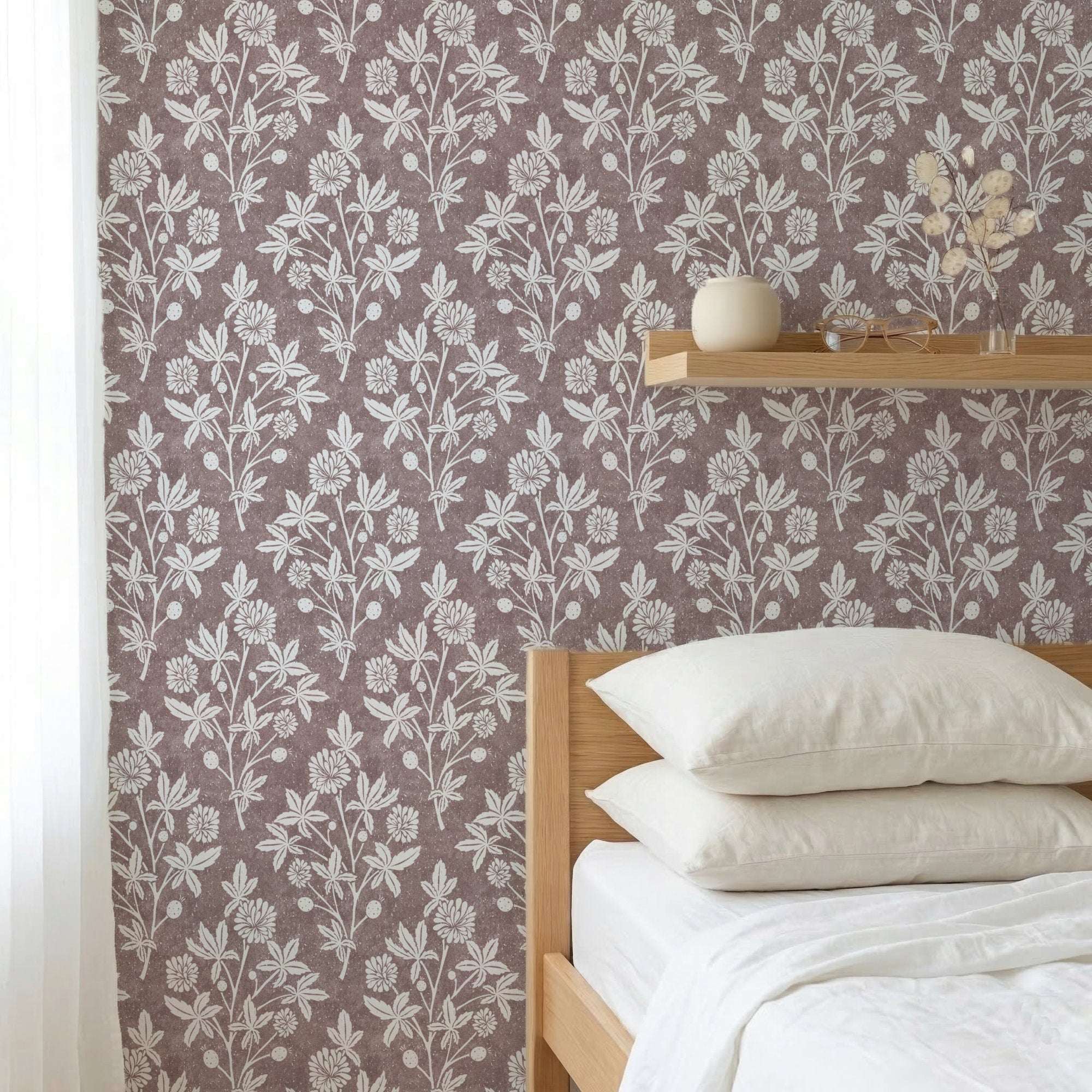 Botanical floral wallpaper with white blossoms and berries on muted berry-purple ground