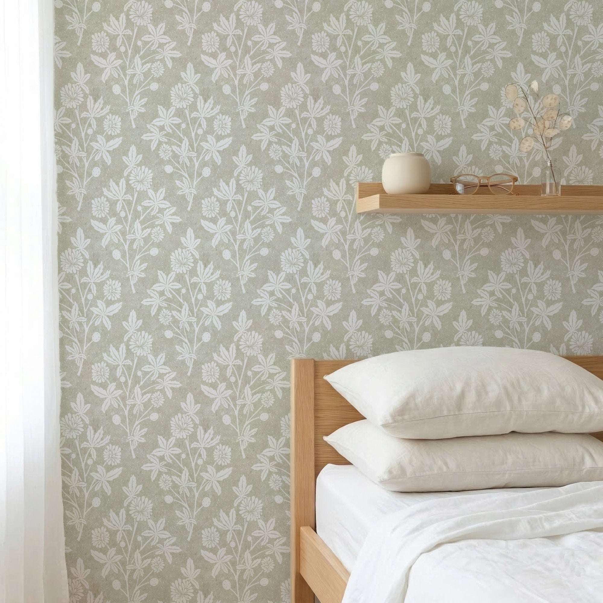 Botanical floral wallpaper with small white blossoms and berries on sage-green ground