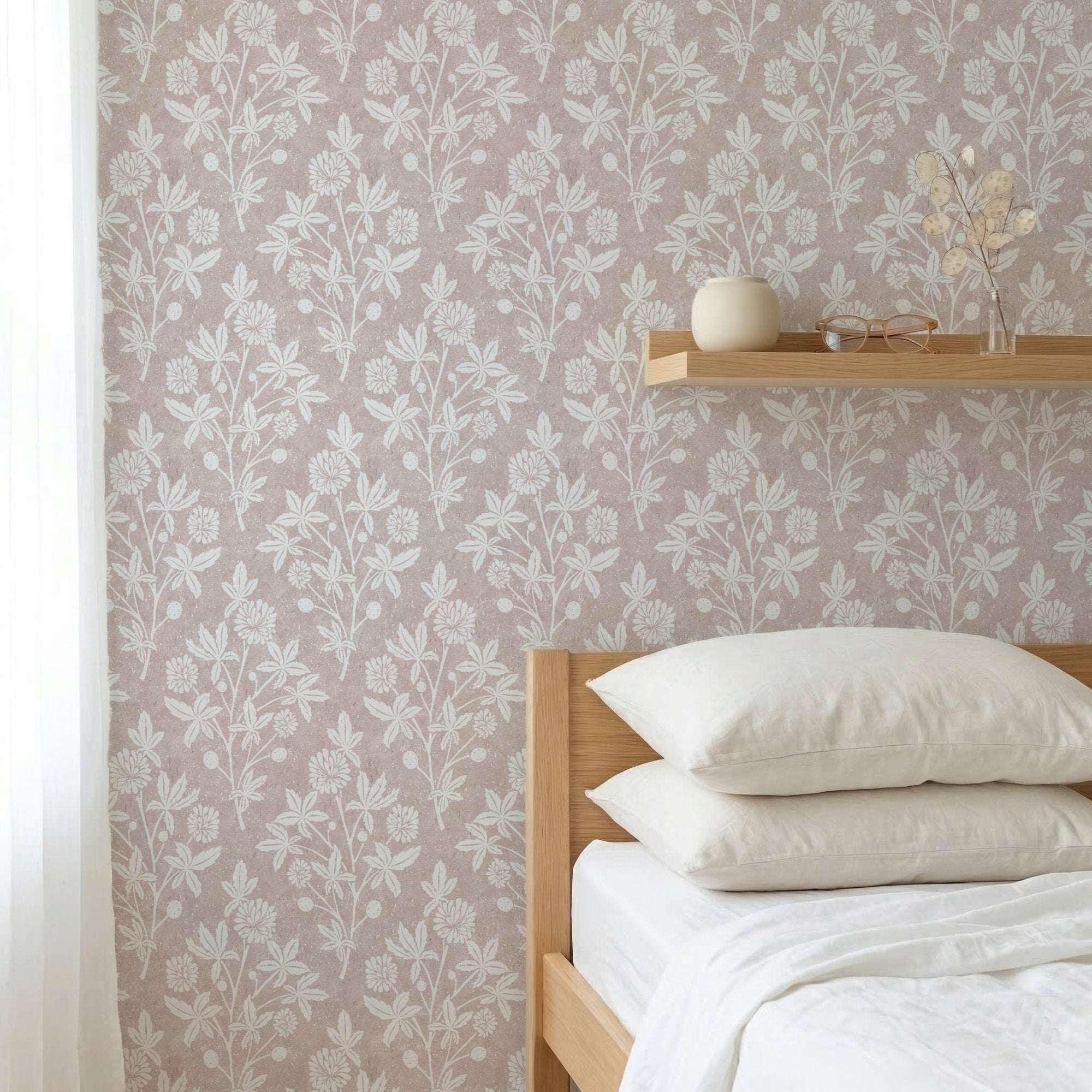 Botanical floral wallpaper with scattered white blossoms and berries on muted pink-gray ground