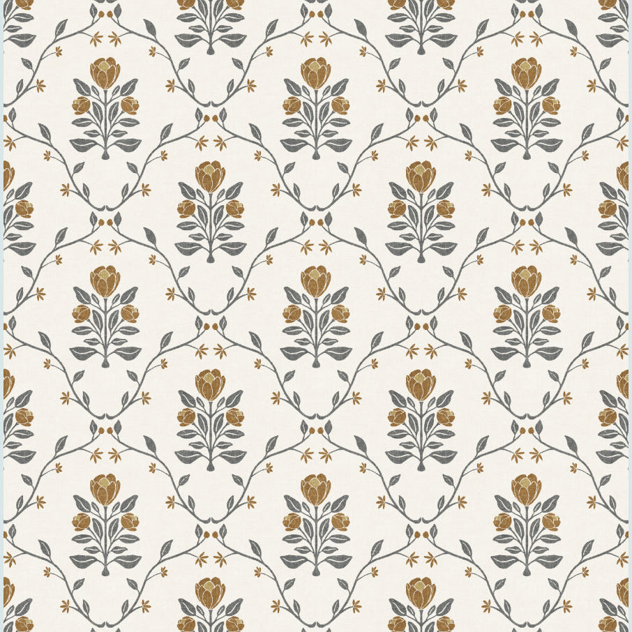 A Block Print Floral pattern with mustard yellow and blue flowers on a cream background