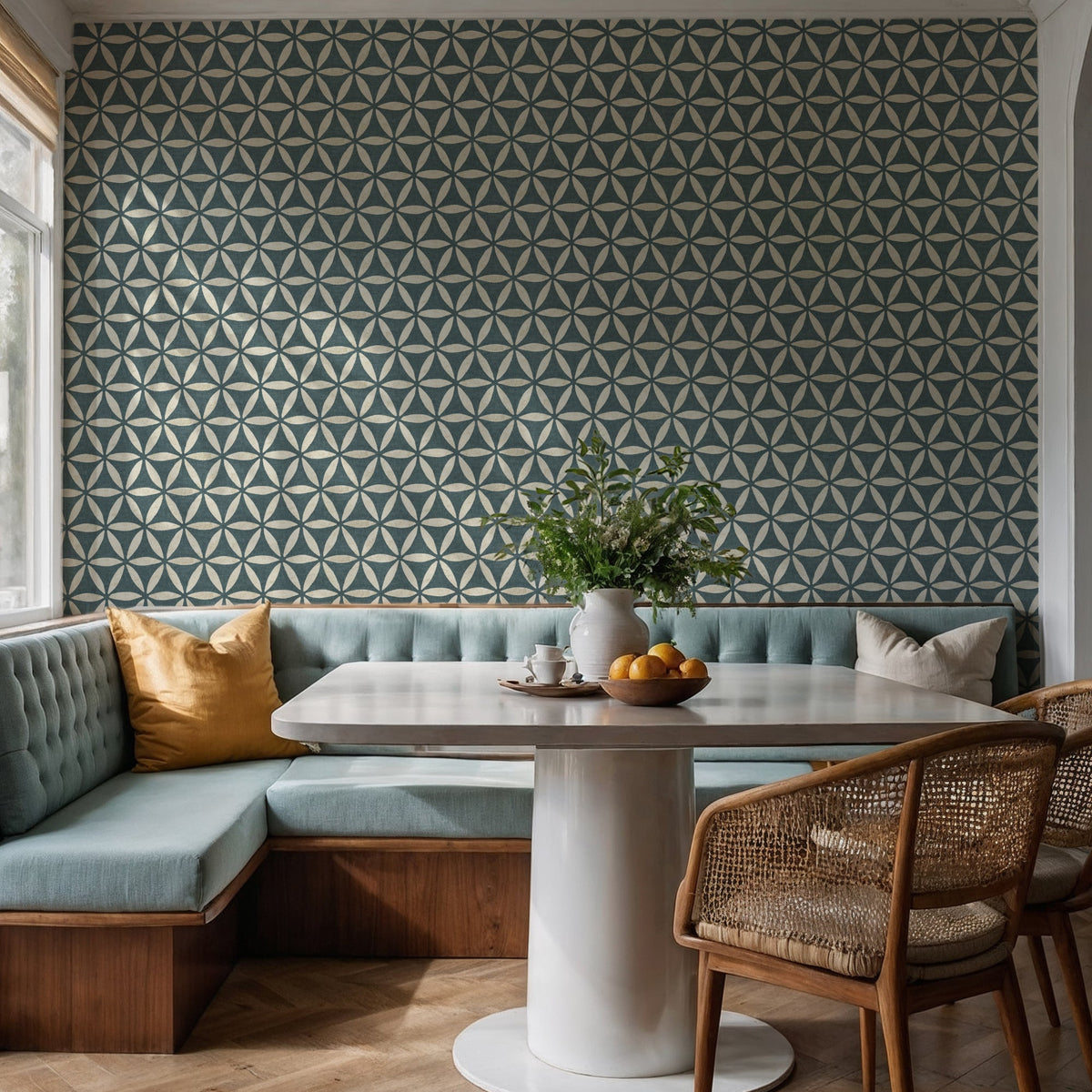 Blue geometric wallpaper with flower of life pattern in a modern dining or lounge area
