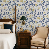 Blue and Yellow Floral Vine Wallpaper – cottage style wallpaper in English country bedroom