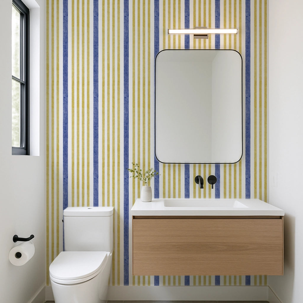 Blue and Yellow Striped Wallpaper – Mediterranean striped wallpaper styled in powder room
