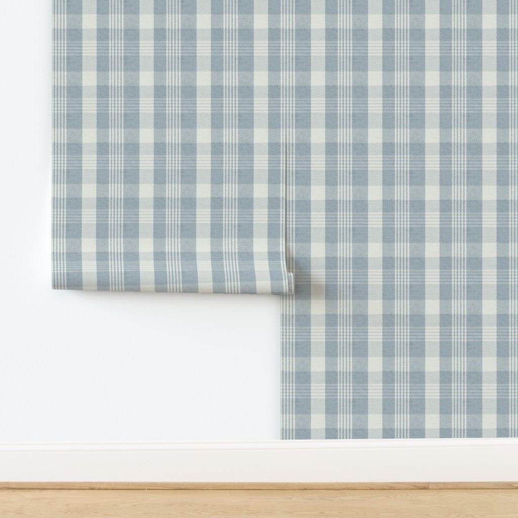 Blue plaid wallpaper roll with a modern checkered pattern, showing fabric-like texture detail for stylish wall coverings