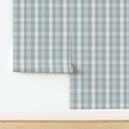 Blue plaid wallpaper roll with a modern checkered pattern, showing fabric-like texture detail for stylish wall coverings