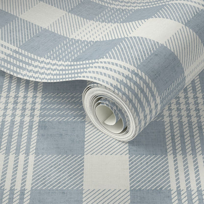 Blue plaid wallpaper roll with a modern checkered pattern, showing fabric-like texture detail for stylish wall coverings