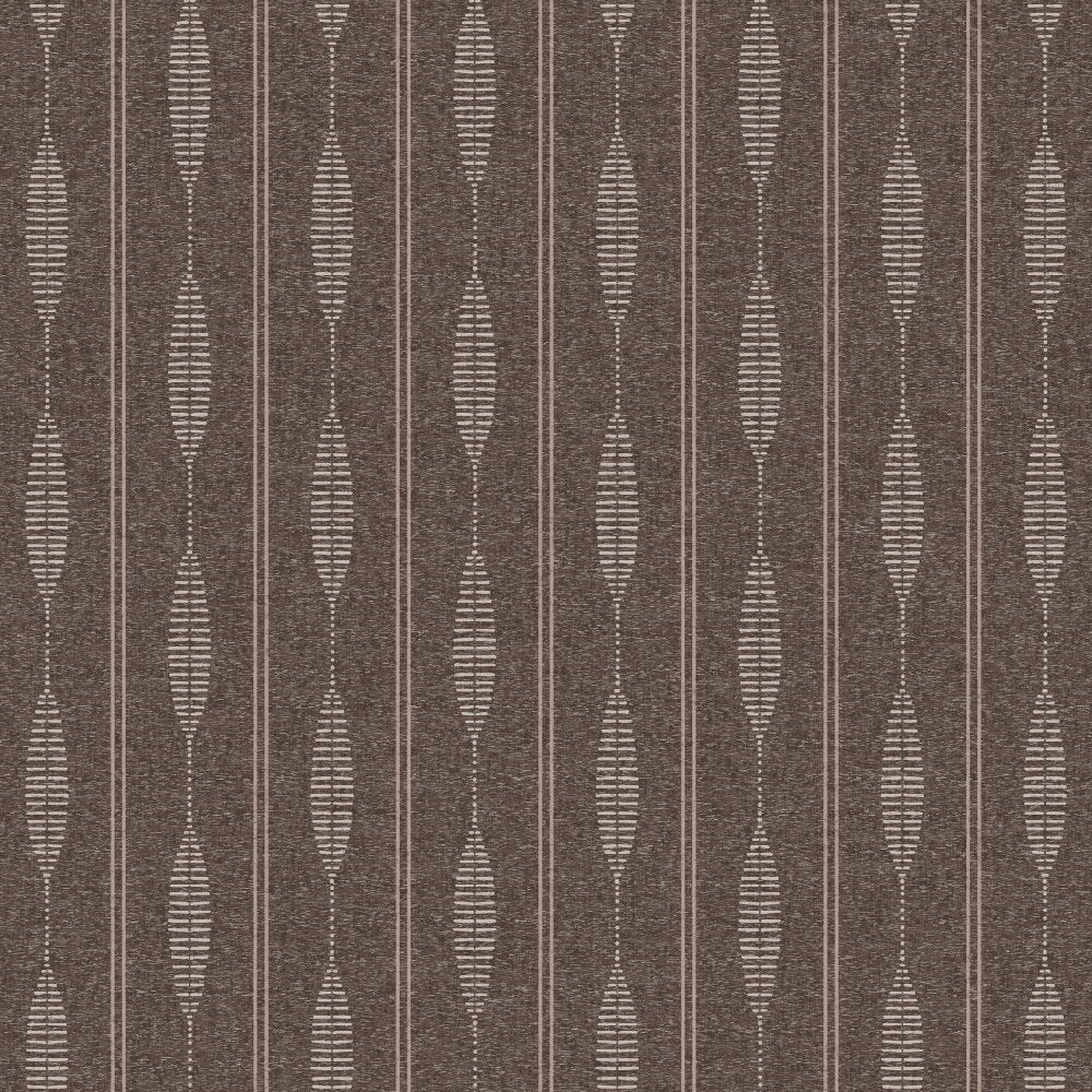 Brown linen stripe wallpaper closeup showing the folk lozenge motif and woven linen texture
