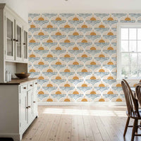 Boho Coastal Wallpaper: Sunrise Over Ocean Design in Yellow and Blue, Modern Coastal Sunset Style for Walls
