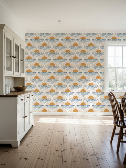 Boho coastal wallpaper with sunrise over ocean design in yellow and blue – modern beach house dining room feature wall