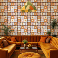 Brown and mustard retro floral wallpaper – bold 70s style in mid century living room