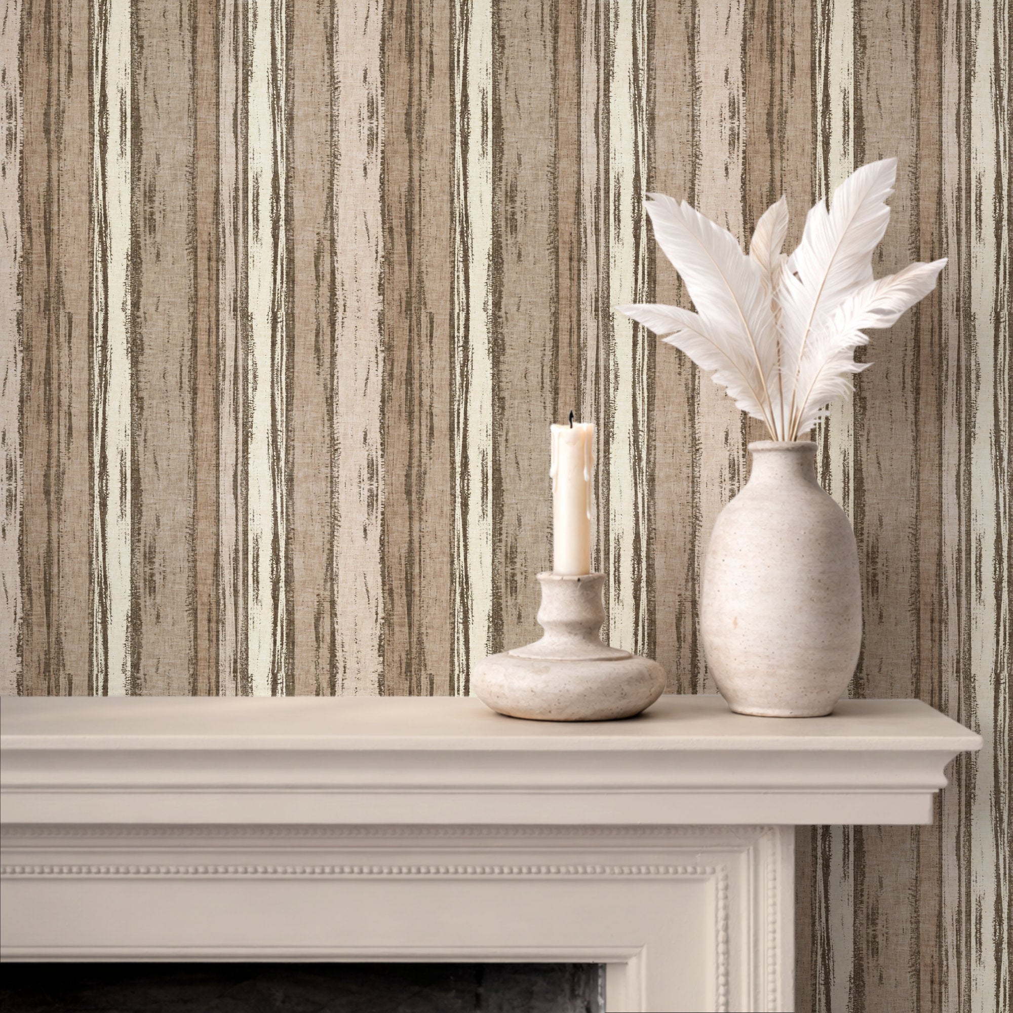 Abstract Stripe Wallpaper: Textured Brushstroke design with beige tones, a candle, and a vase on a mantel.