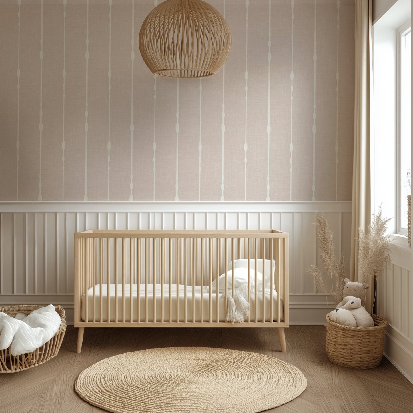 Nursery room with wooden crib, striped pink wallpaper, and decorative elements.