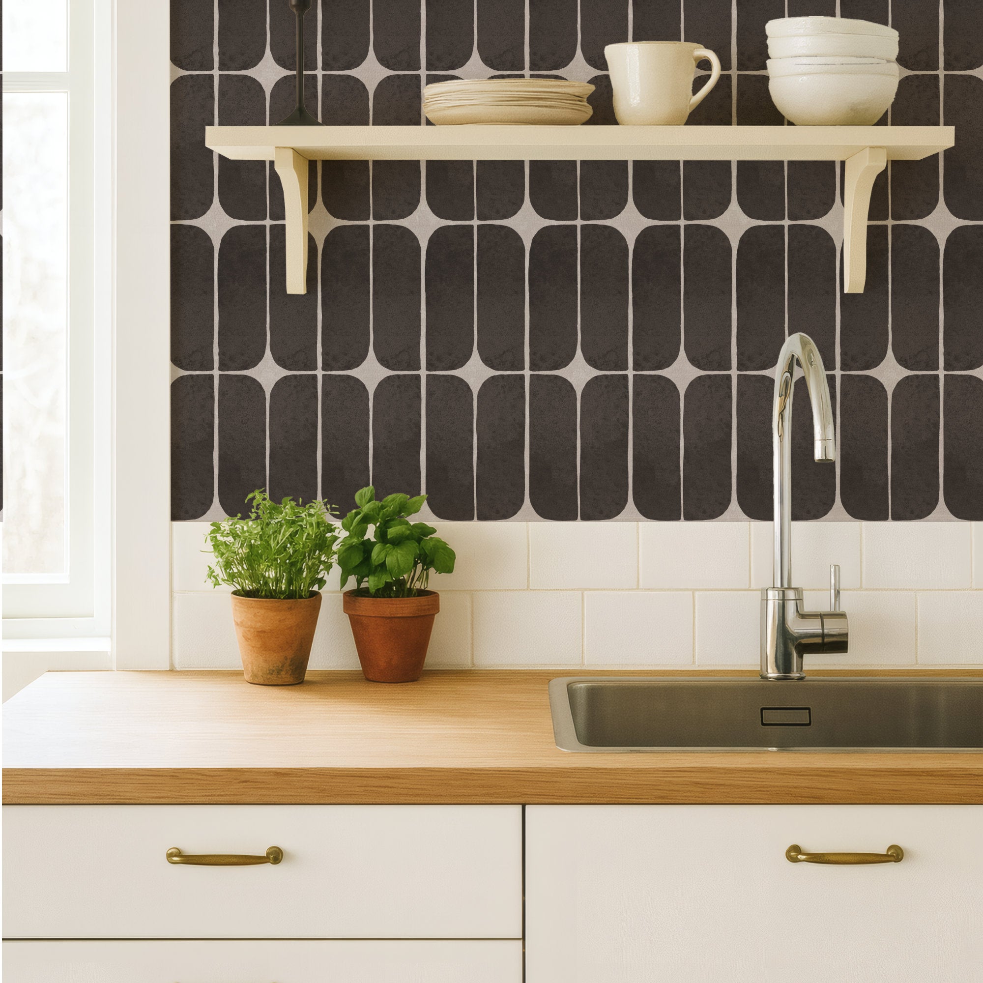 Charcoal retro tile wallpaper as a kitchen backsplash behind open shelving and a sink