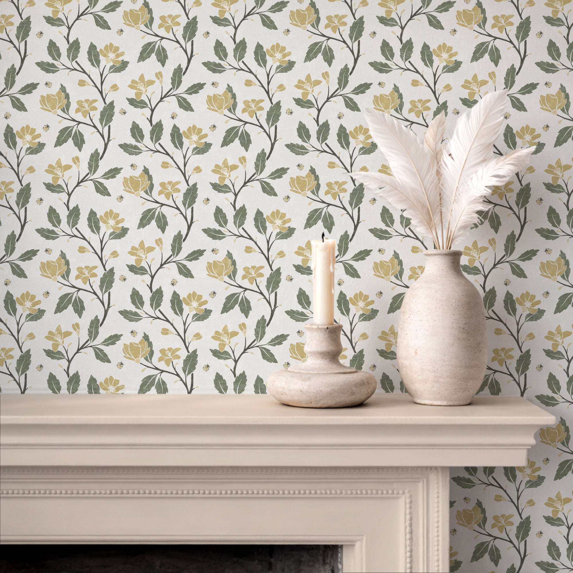 Floral vine wallpaper with yellow blossoms, deep green leaves, and small ladybirds on light base