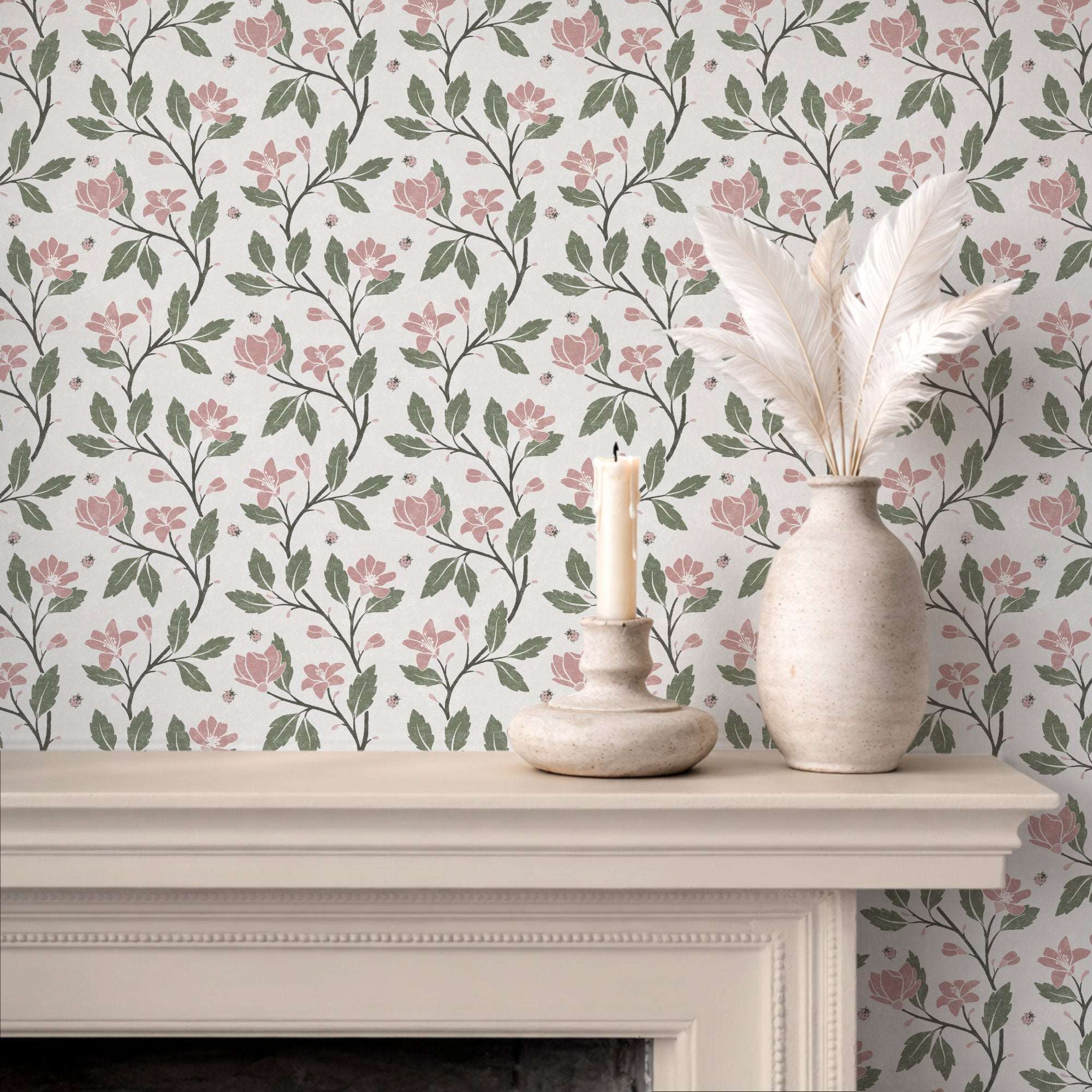 Floral vine wallpaper with pink flowers, green leaves, and scattered ladybirds on light background
