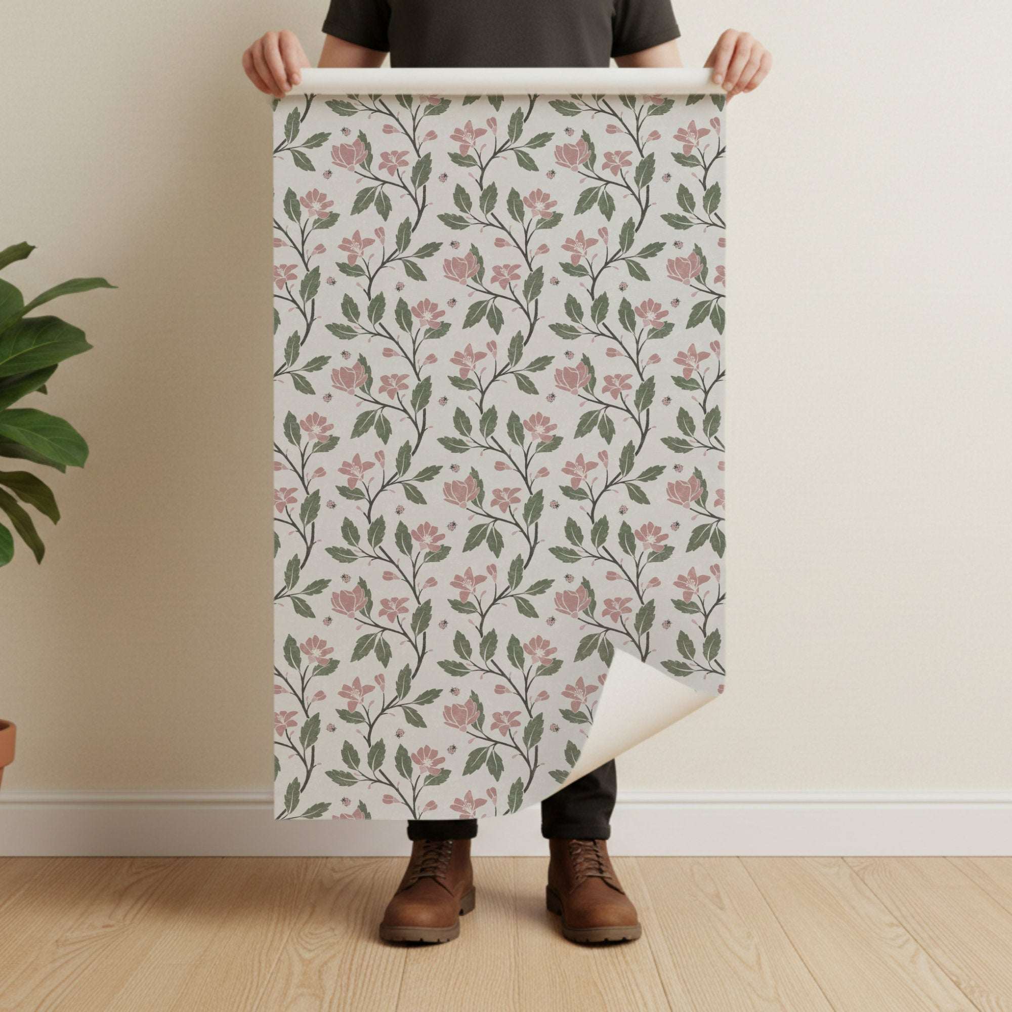 Floral vine wallpaper sheet with pink and mauve blossoms, green leaves, and ladybirds