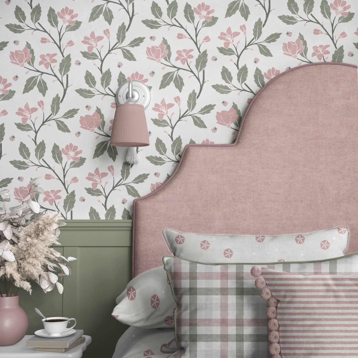 Cottage Floral Wallpaper: Hand-Drawn Floral Vine with Ladybirds