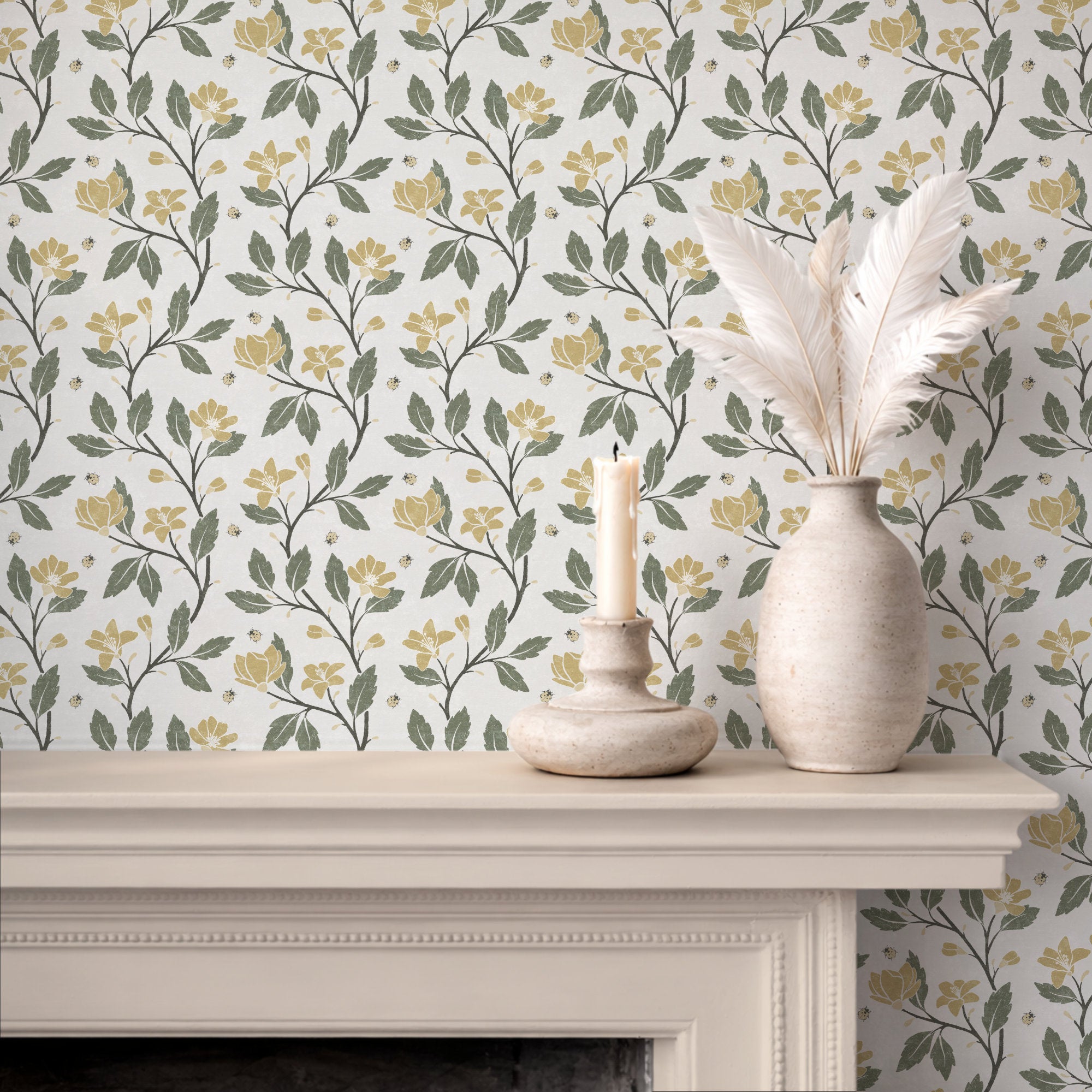Cottage Floral Wallpaper: Hand-Drawn Floral Vine with Ladybirds