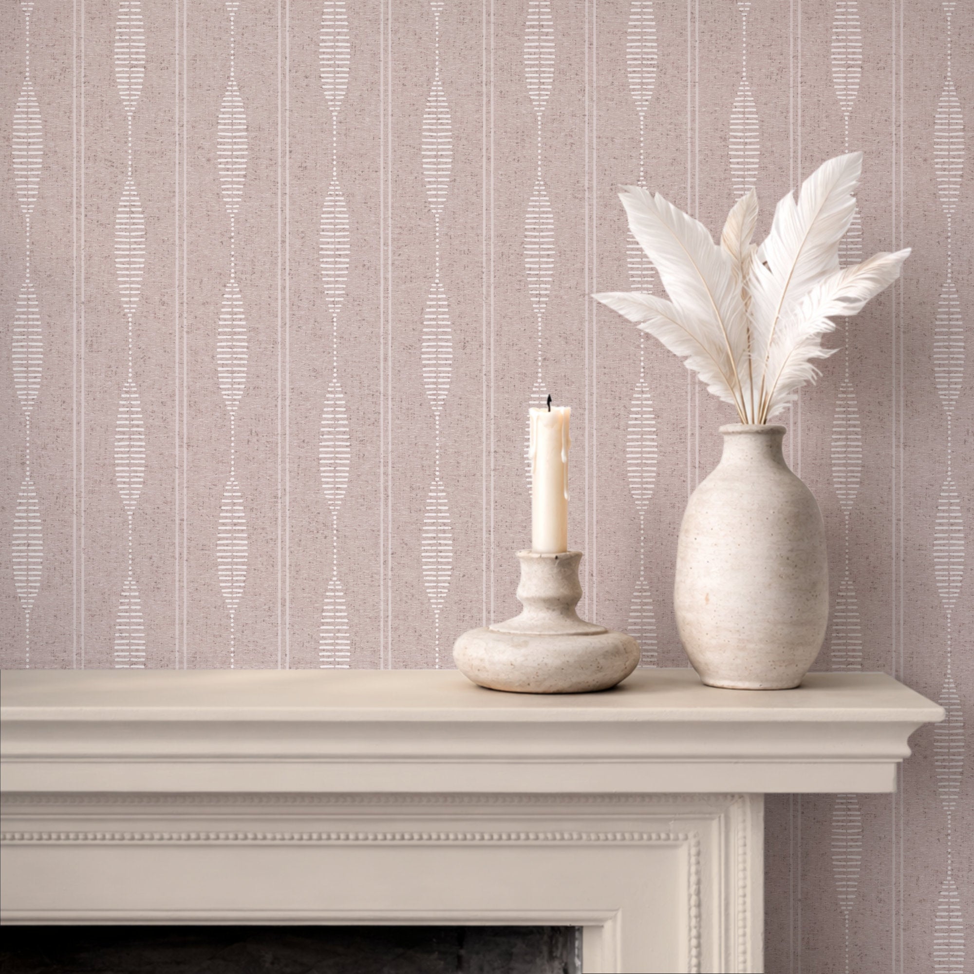 Dusky pink and white linen stripe wallpaper behind a fireplace mantel, hand-drawn folk stripe