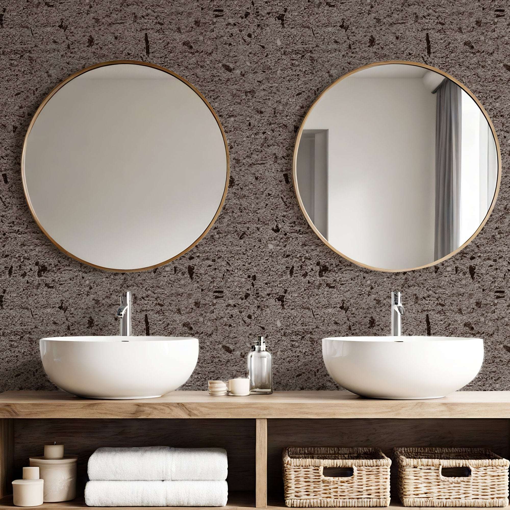 Dark grey faux concrete wallpaper with scattered specks and mottled cement texture