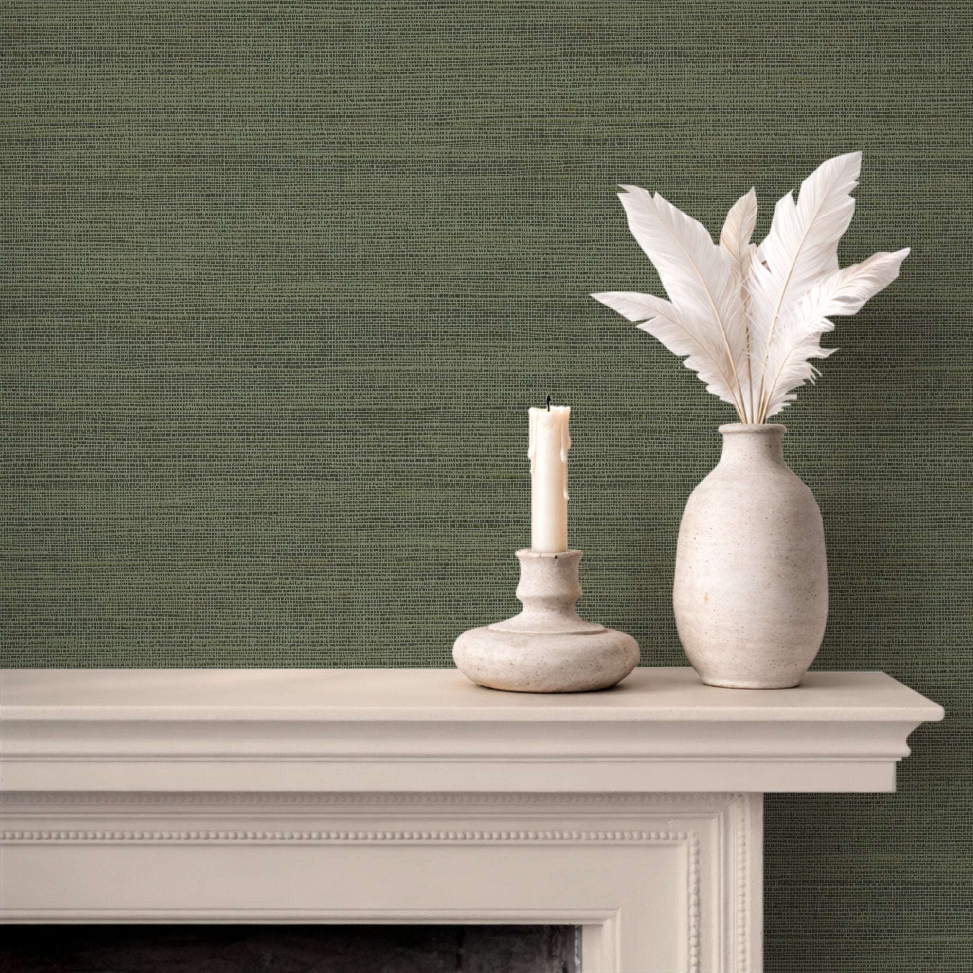 Woven texture faux grasscloth wallpaper, dark green solid finish on wall