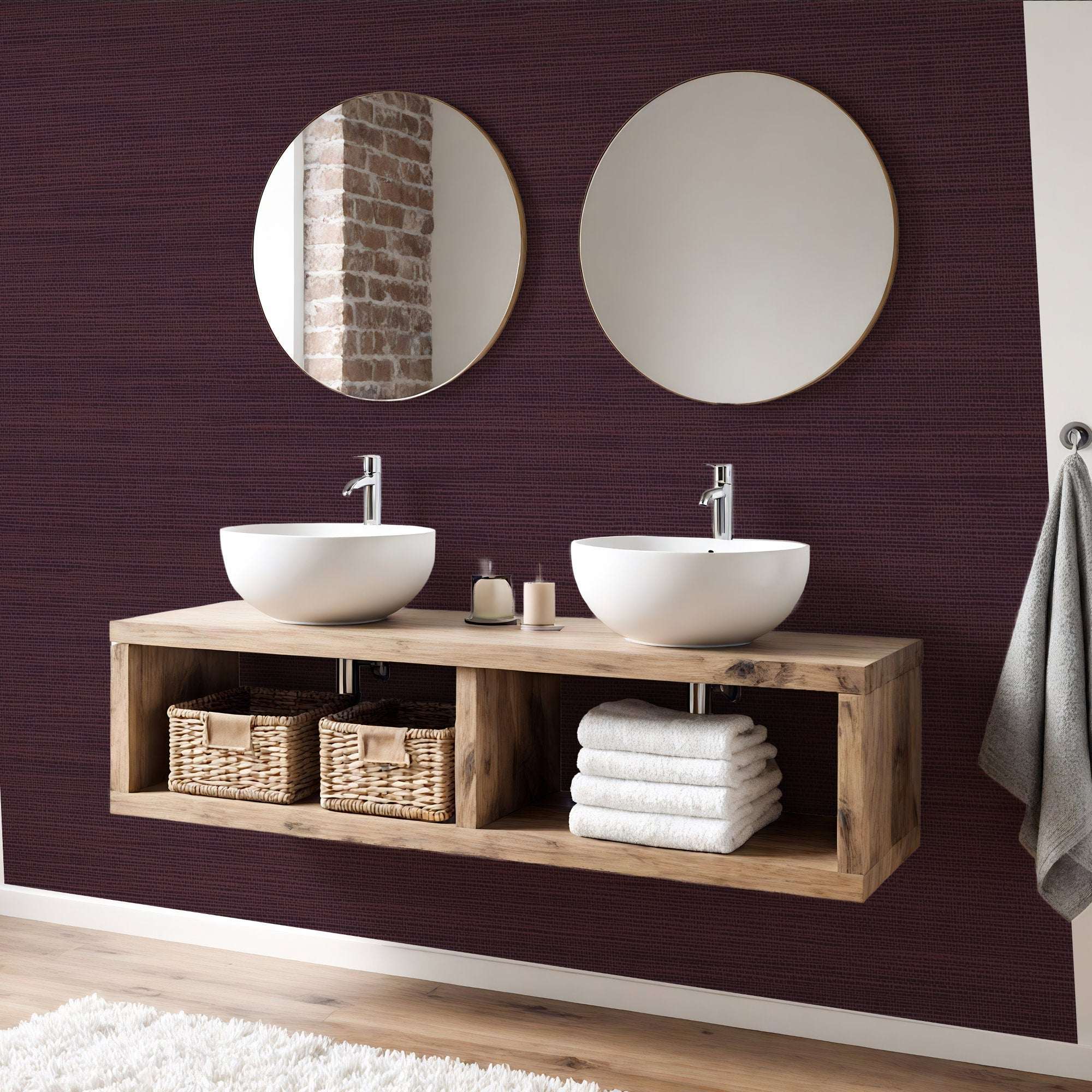 Faux grasscloth wallpaper, dark plum woven texture, solid finish behind vanity