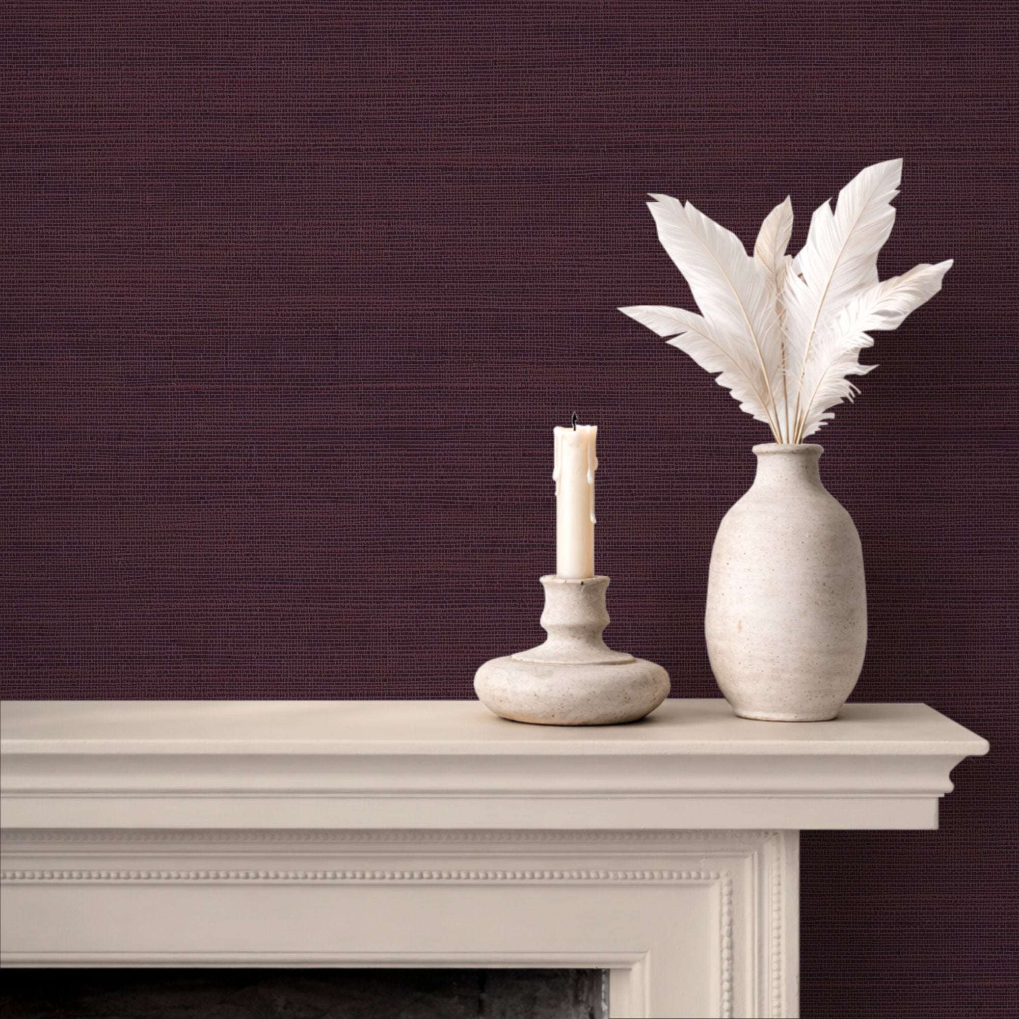 Faux grasscloth wallpaper, dark plum woven texture, solid color finish on wall