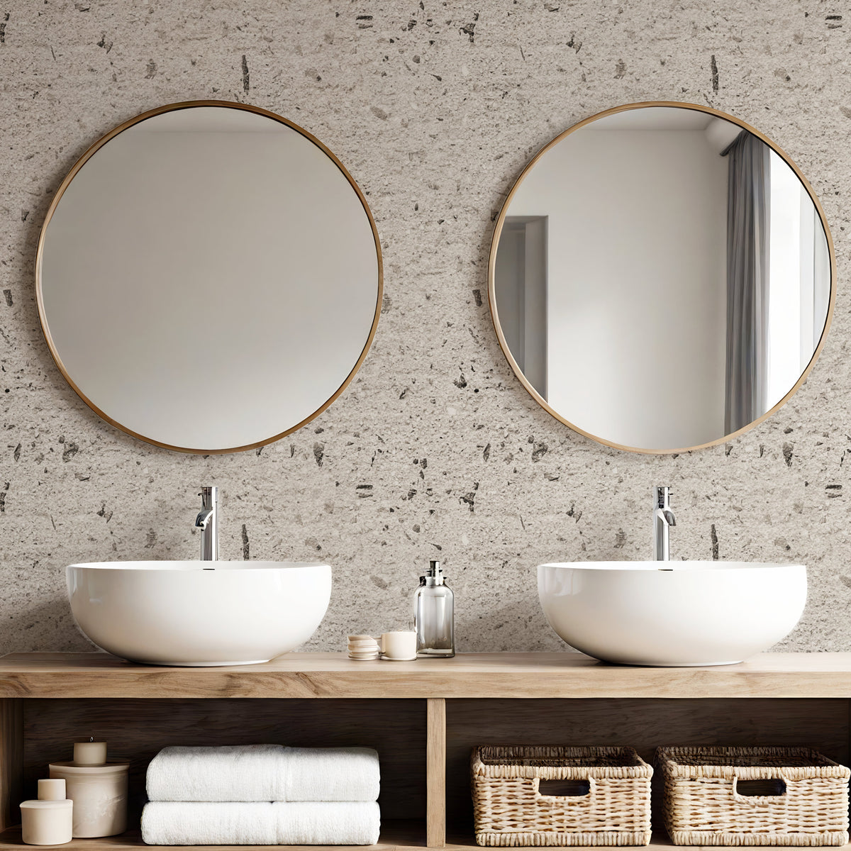 Concrete effect wallpaper in soft beige in bathroom with round mirrors and wooden vanity unit