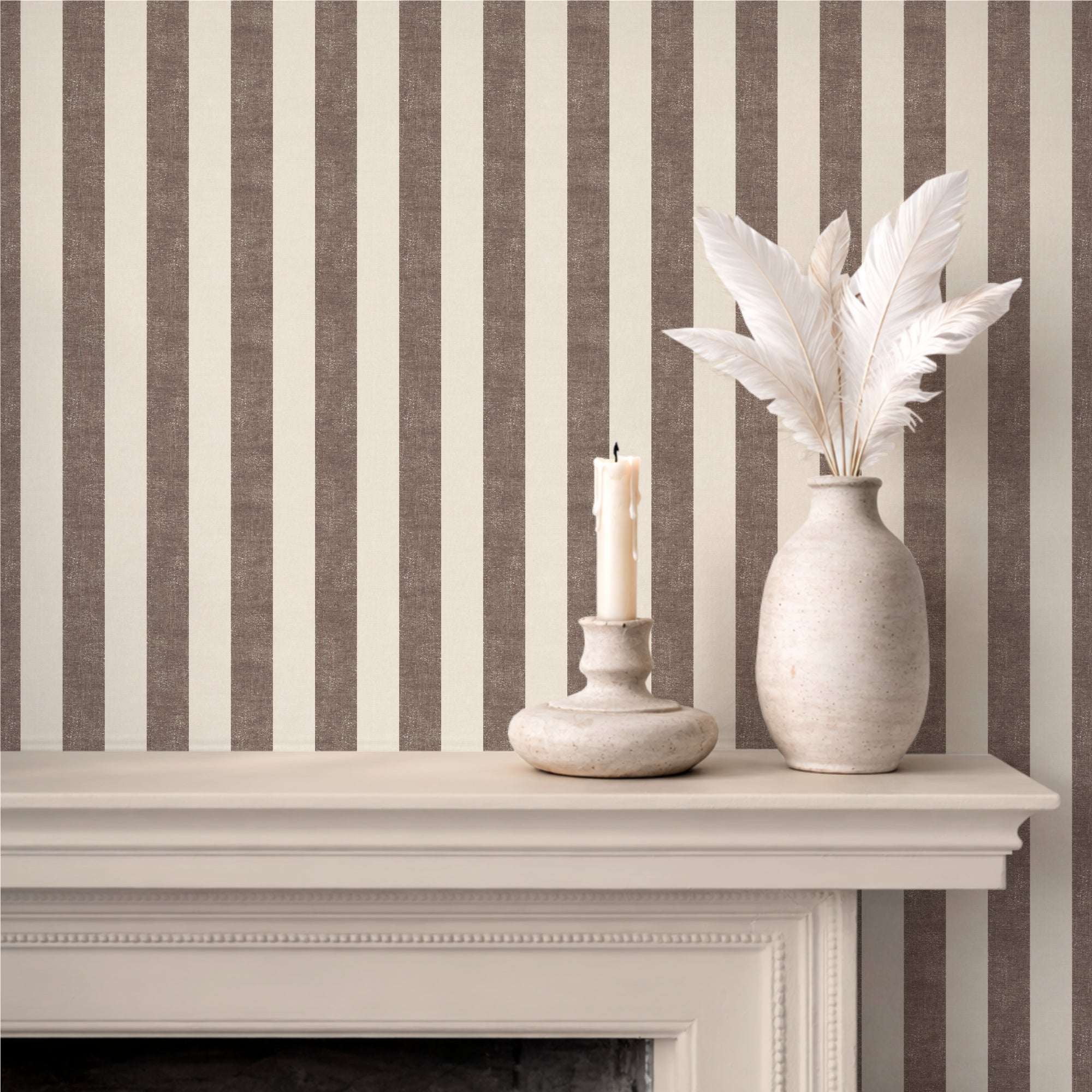 Textured extra-wide vertical stripe wallpaper in taupe and cream