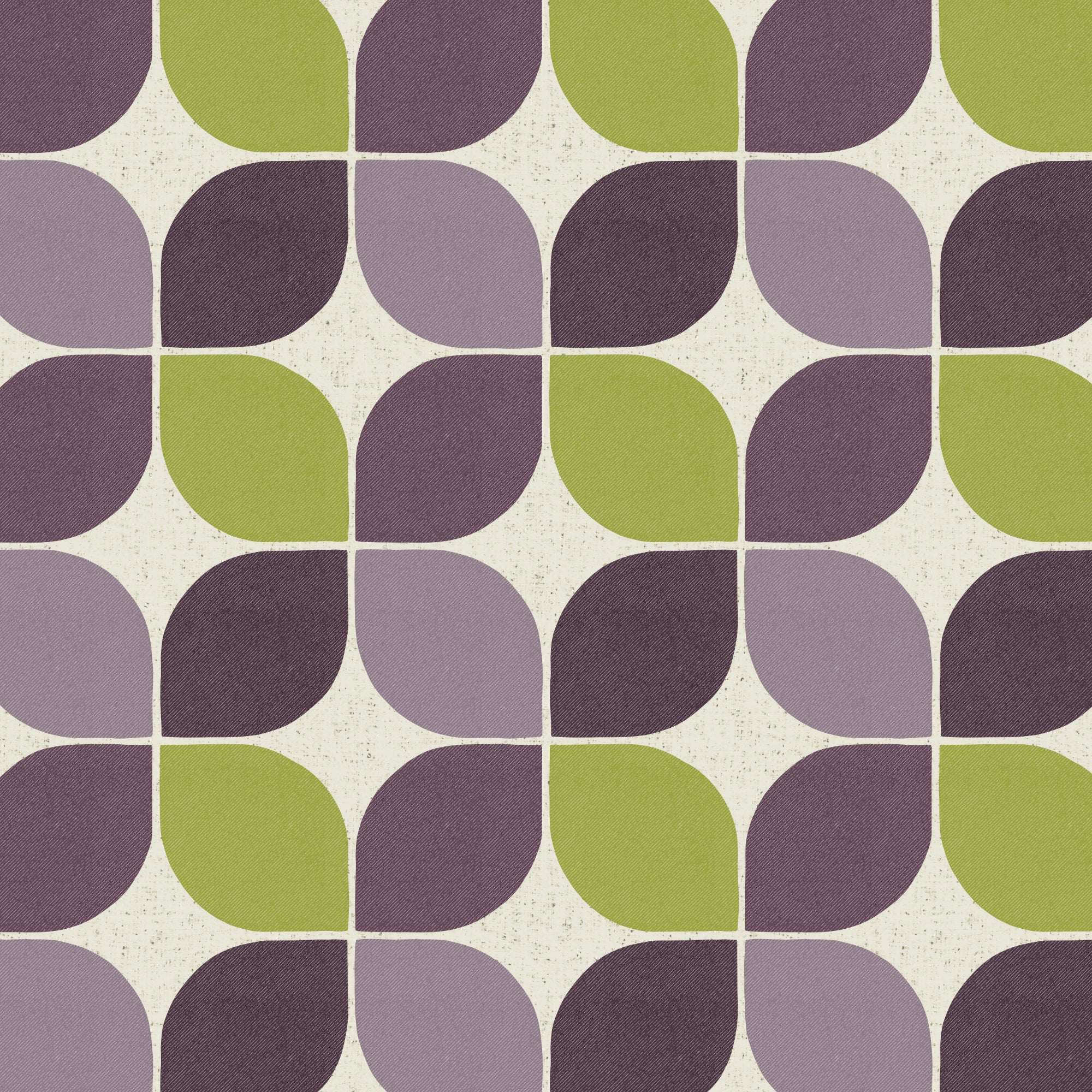 Close-up geometric square wallpaper pattern in plum, green, and gray on off-white