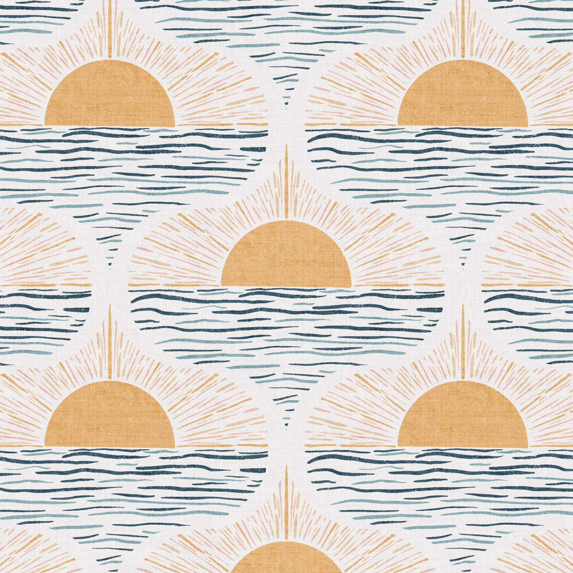 Close-up sun and sea wallpaper pattern: blue wave lines with golden sunrise circles