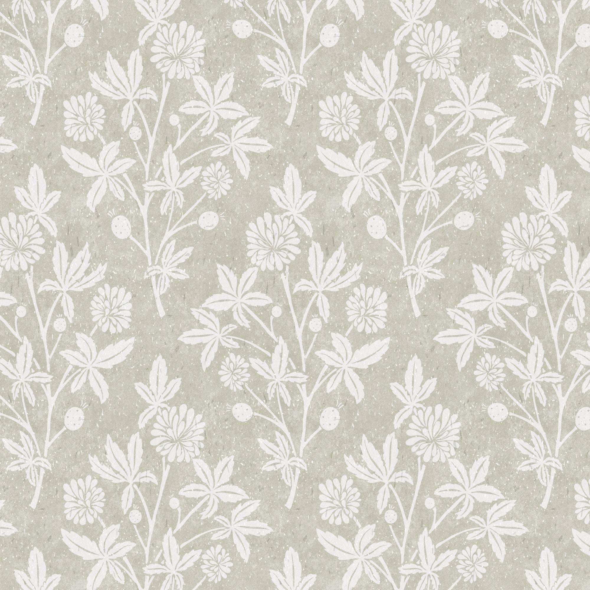 Botanical floral wallpaper with white flowers and berries on light gray-green ground
