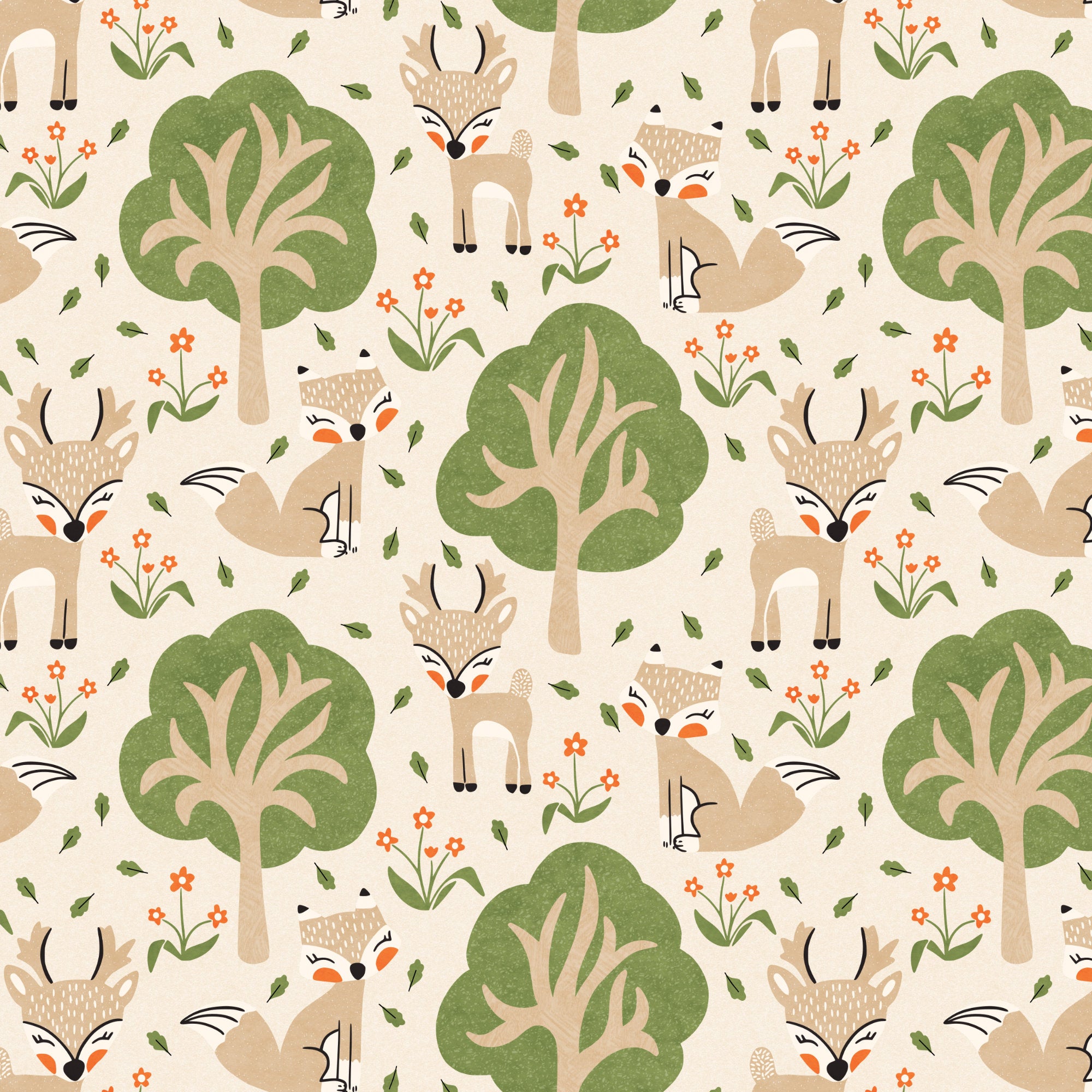 A repeating illustrated woodland nursery wallpaper pattern featuring beige foxes, green trees, and small orange flowers on a warm cream background.