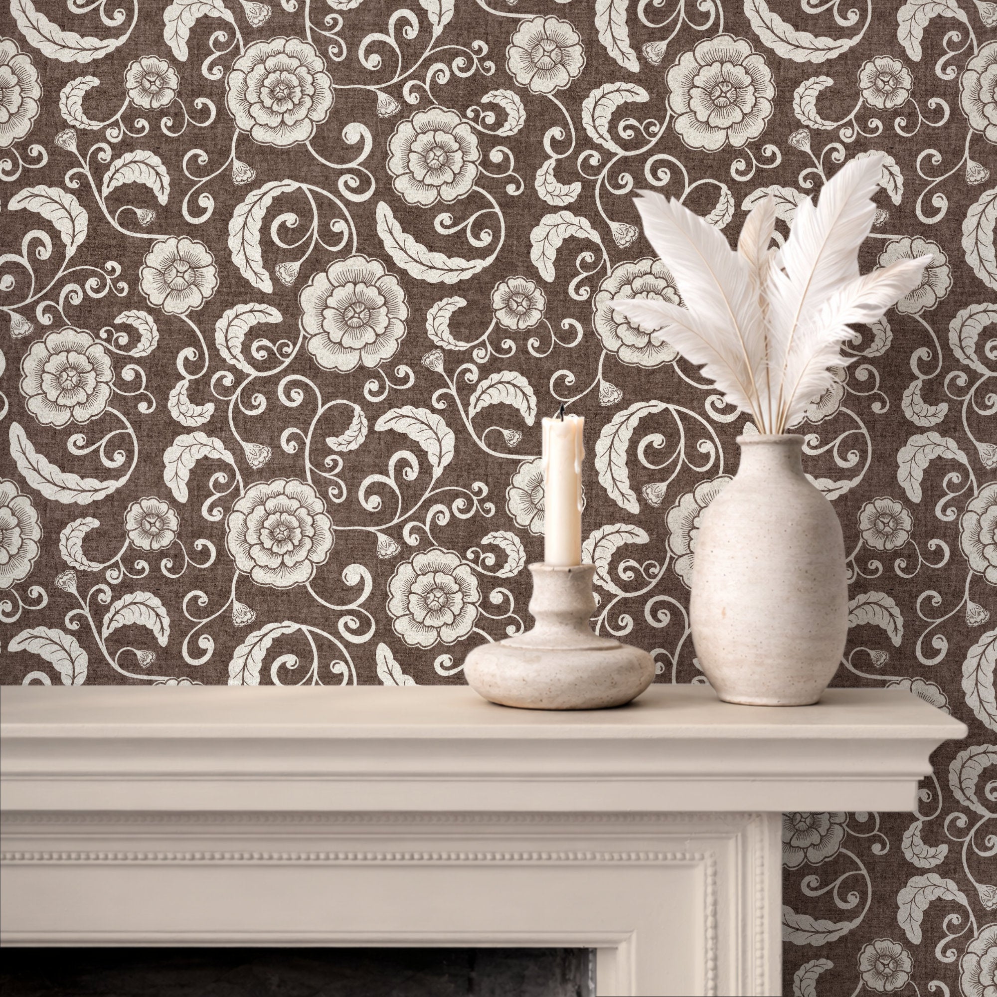 Brown ginger jar wallpaper behind a fireplace mantel, deep chinoiserie floral
