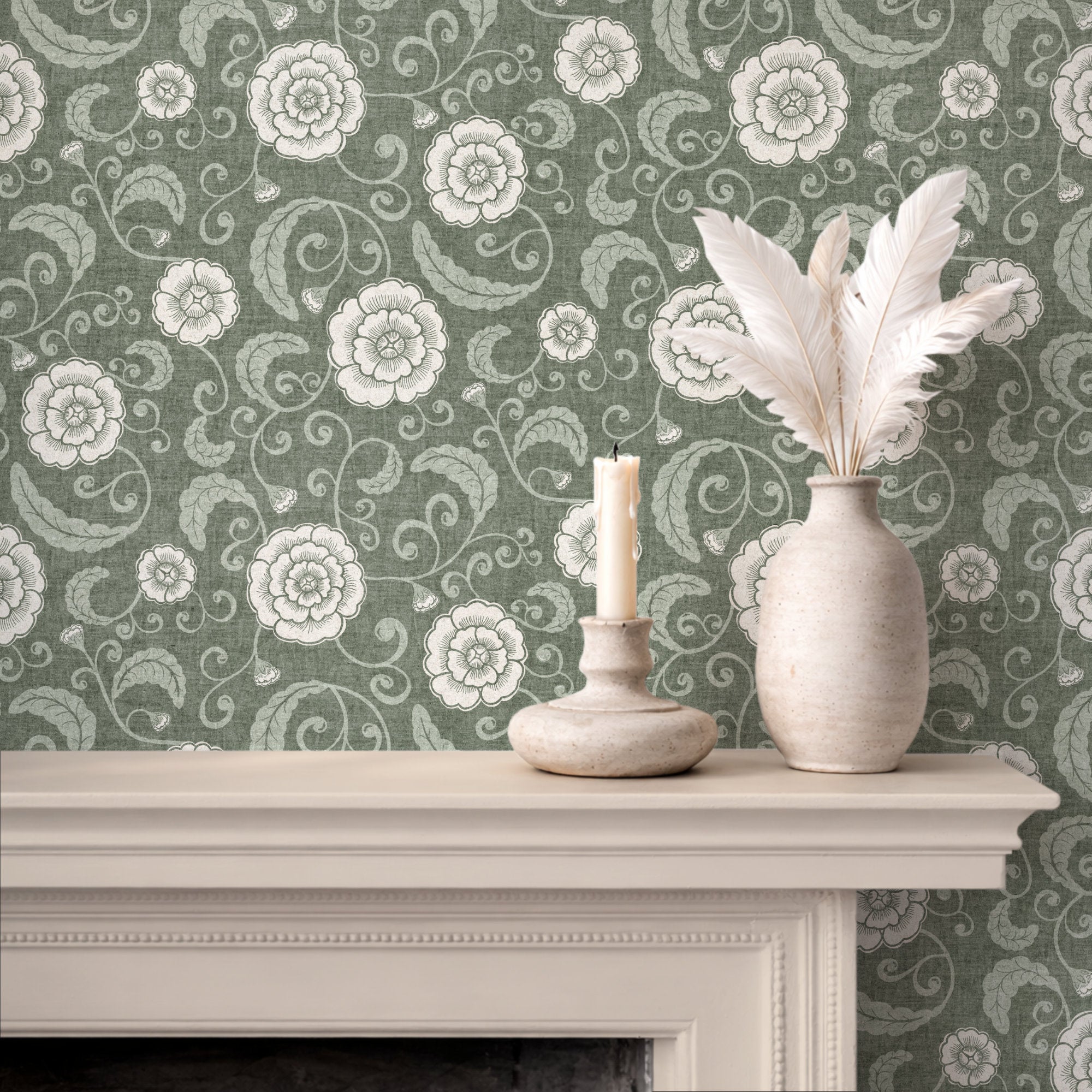 Olive green ginger jar wallpaper behind a fireplace mantel, chinoiserie floral pattern