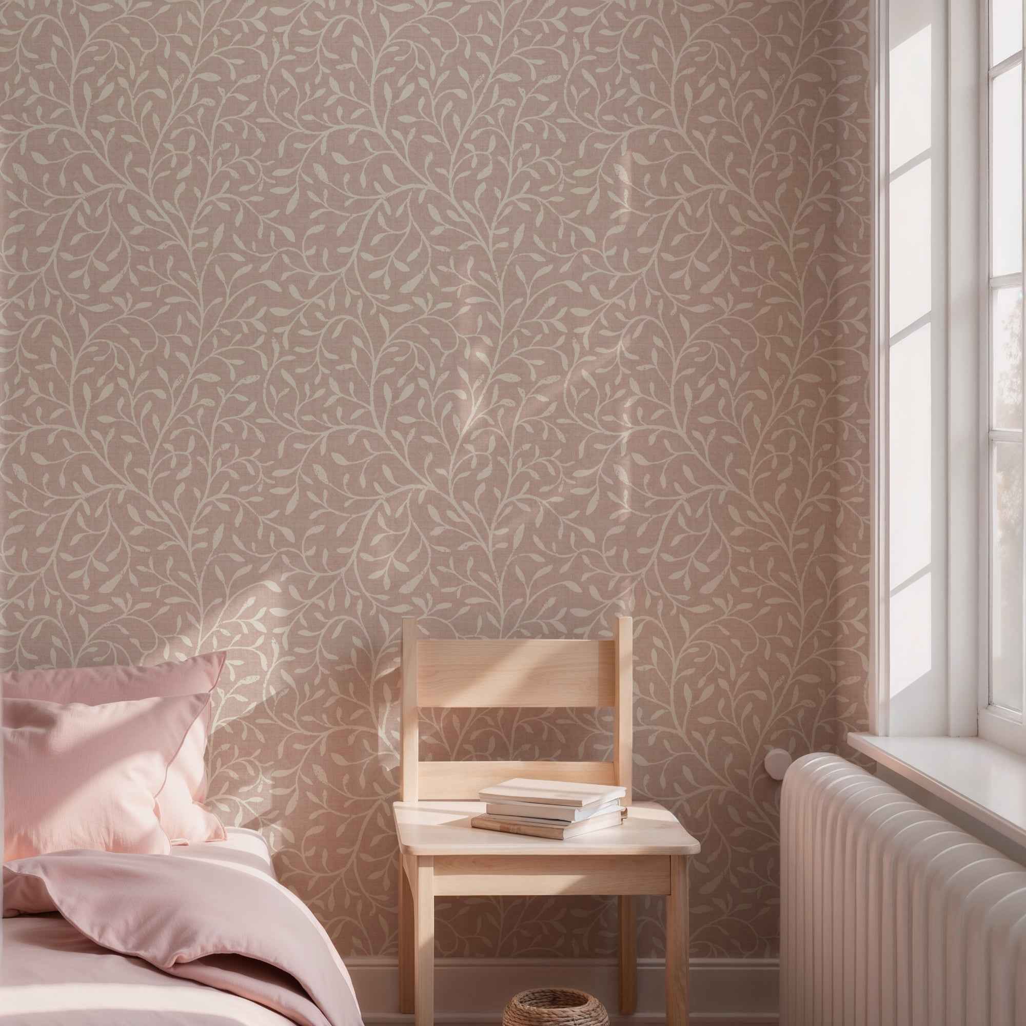 Botanical Leaf Wallpaper in Burgundy, Blue, Green, Beige & Grey â€“ Modern Foliage Design