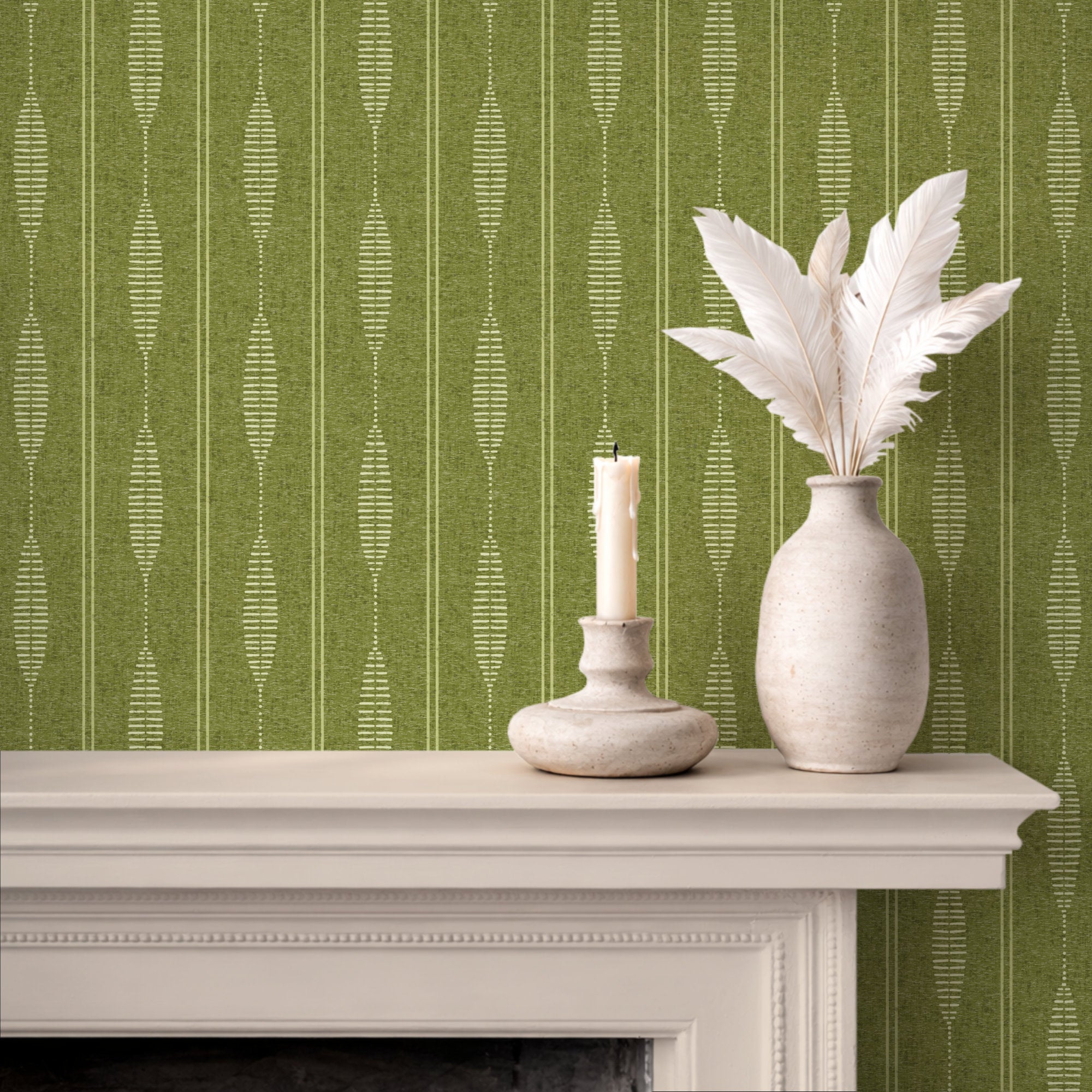 green and white linen stripe wallpaper behind a fireplace mantel, boho folk stripe