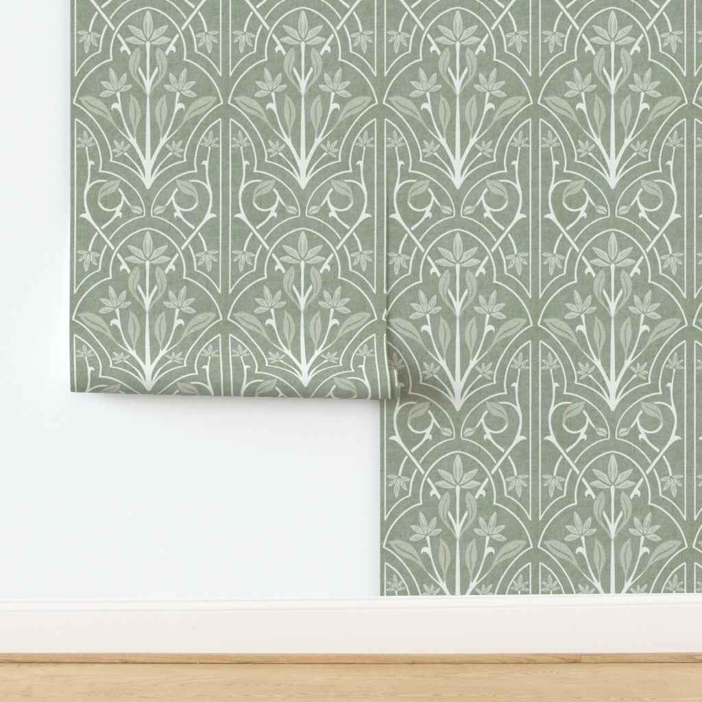 Art Nouveau Floral Trellis Wallpaper: Elegant Heritage Design in Beige, Blue & Green